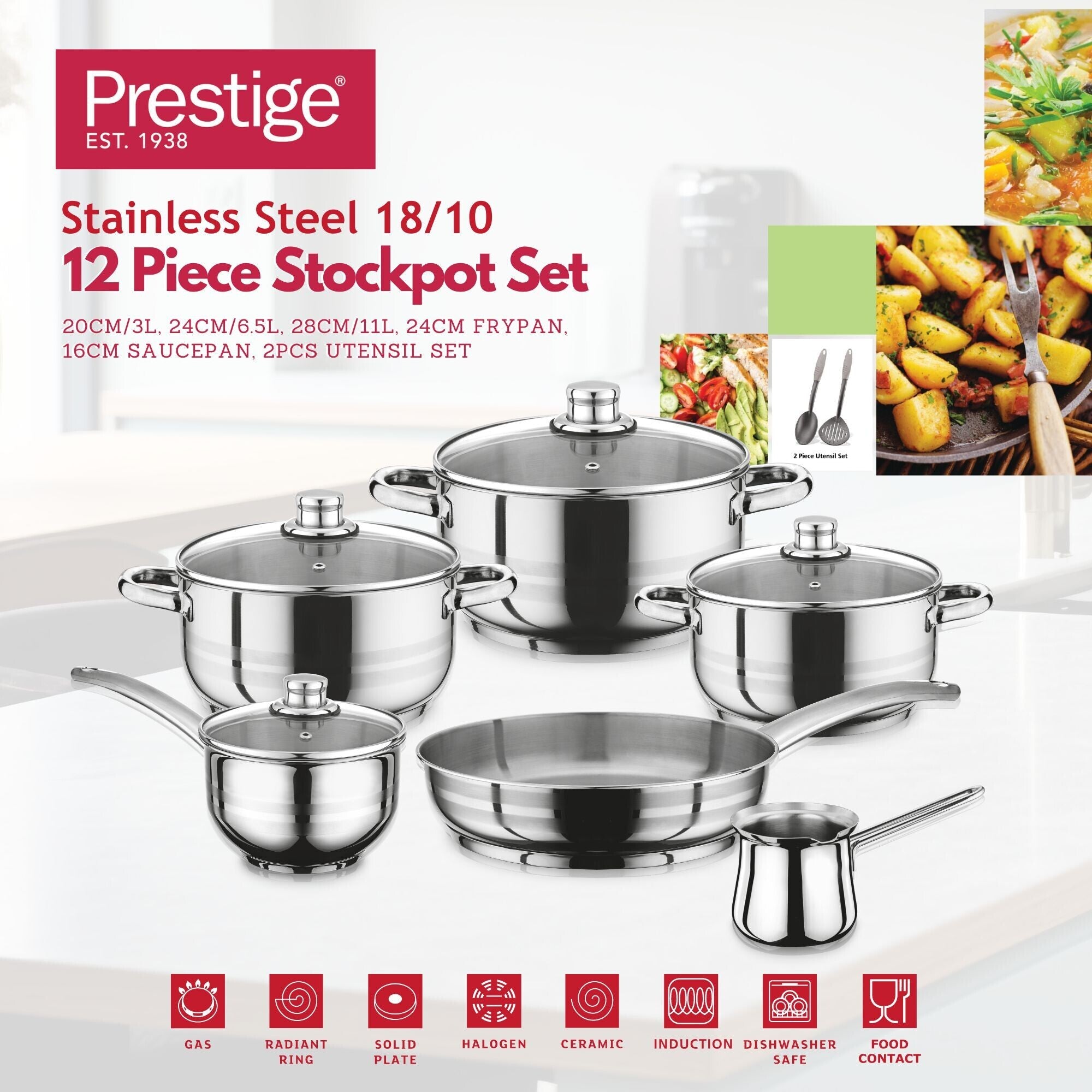 Prestige Stainless Steel Cookware Set 12 Piece | Silver - PR80952