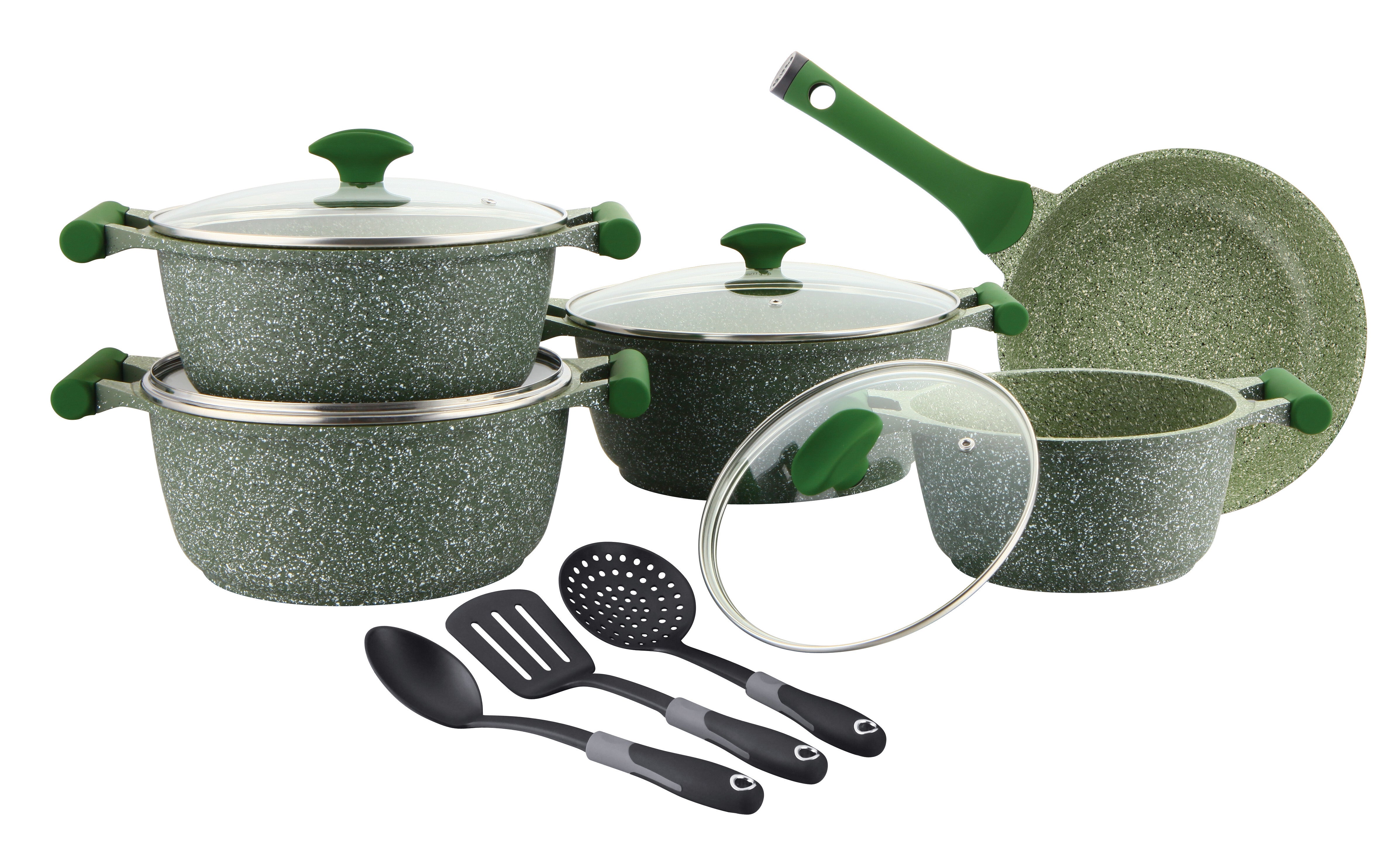 Prestige Essentials Granite 12 Piece Non-Stick Cast Aluminium Cookware sets | Induction Compatible Pots and Pans Set | Green - PR80963