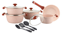 Prestige Essentials Granite 12 Piece Non-Stick Cast Aluminium Cookware sets |Induction Compatible Pots and Pans Set | Pink - PR80964