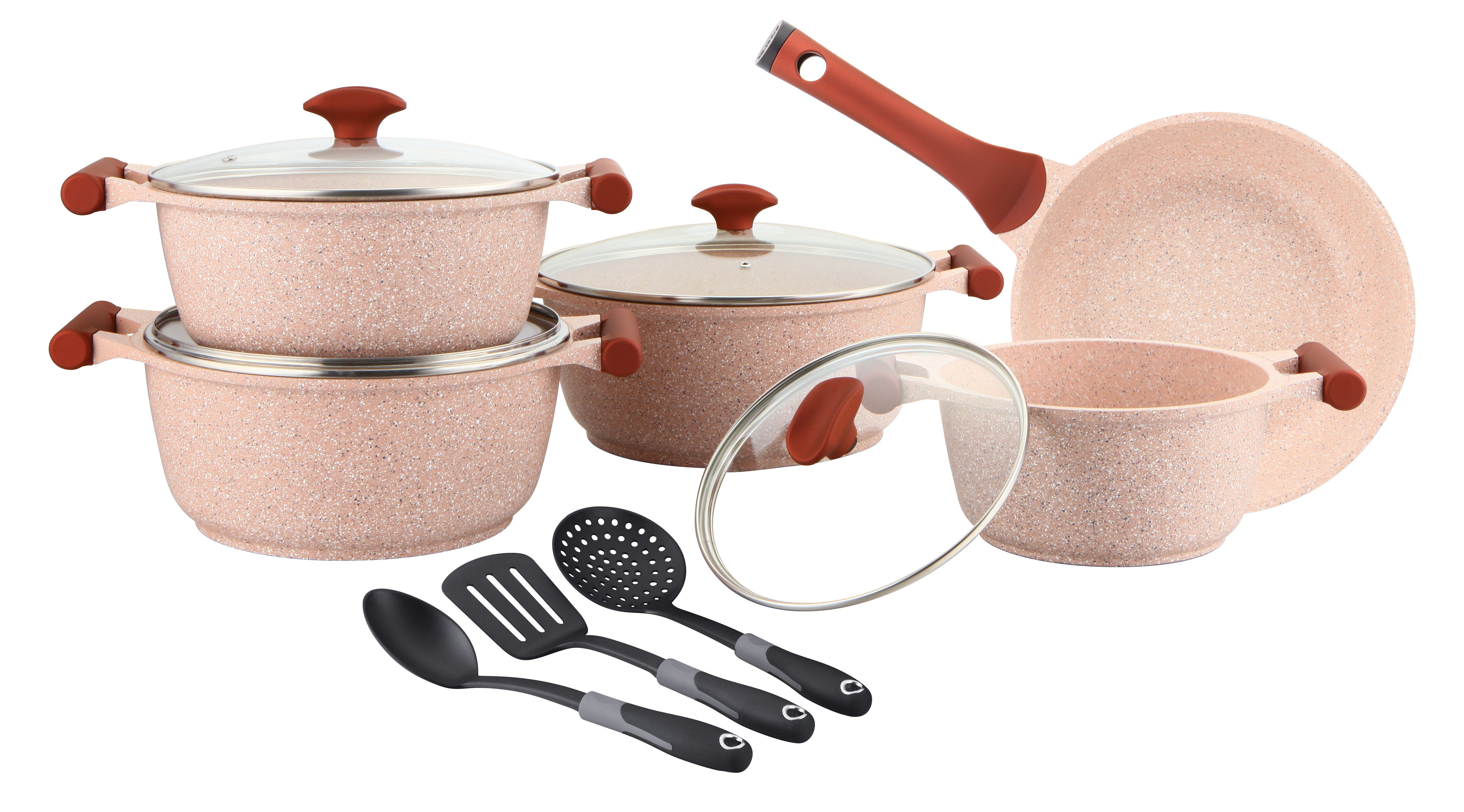 Prestige Essentials Granite 12 Piece Non-Stick Cast Aluminium Cookware sets |Induction Compatible Pots and Pans Set | Pink - PR80964