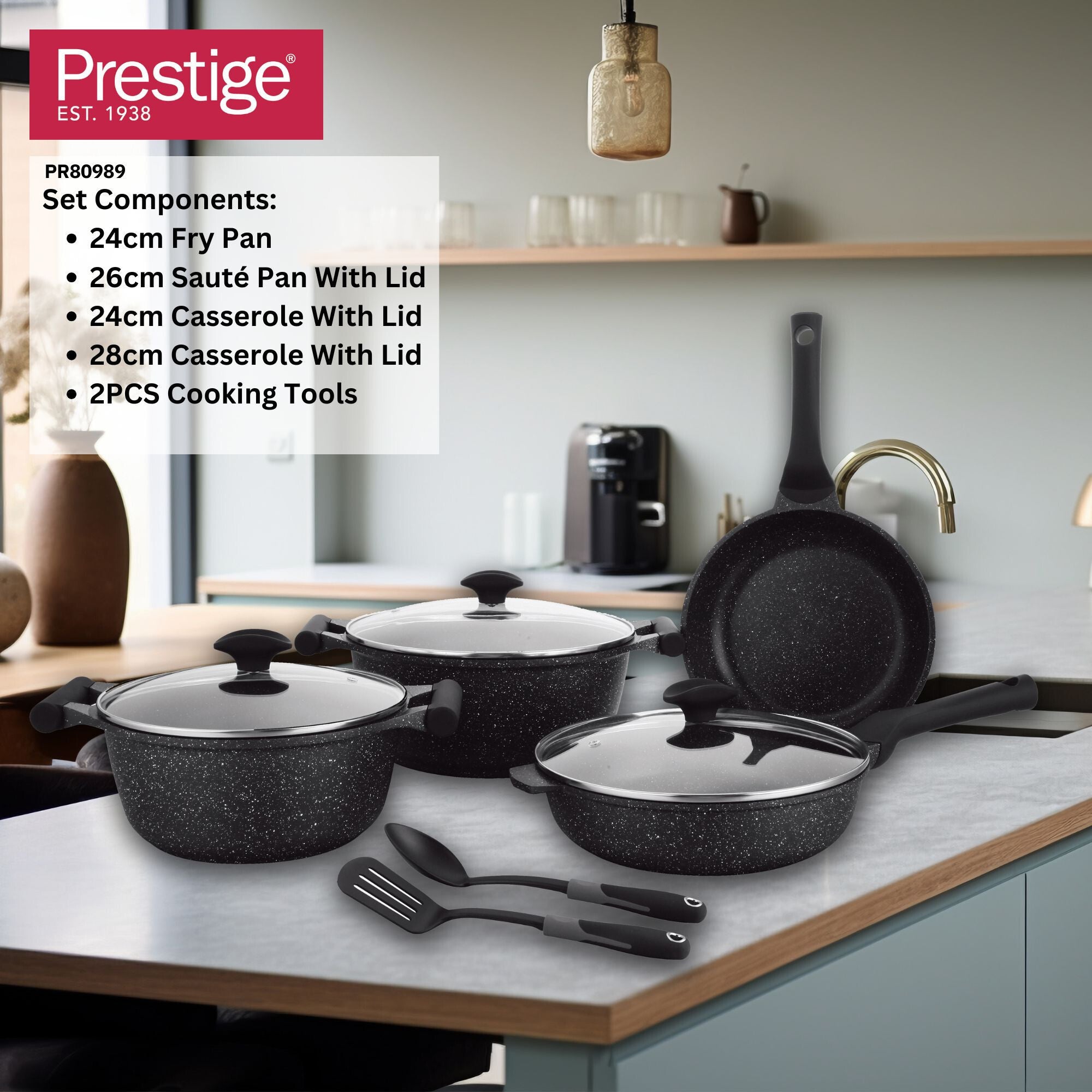 Prestige Essentials 9pcs Pots and Pans Set | Nonstick Cookware Sets | Granite Pots Set | Kitchen Induction Pots and Pans Cooking Sets | Pan Sets for Cooking | Black - PR80989