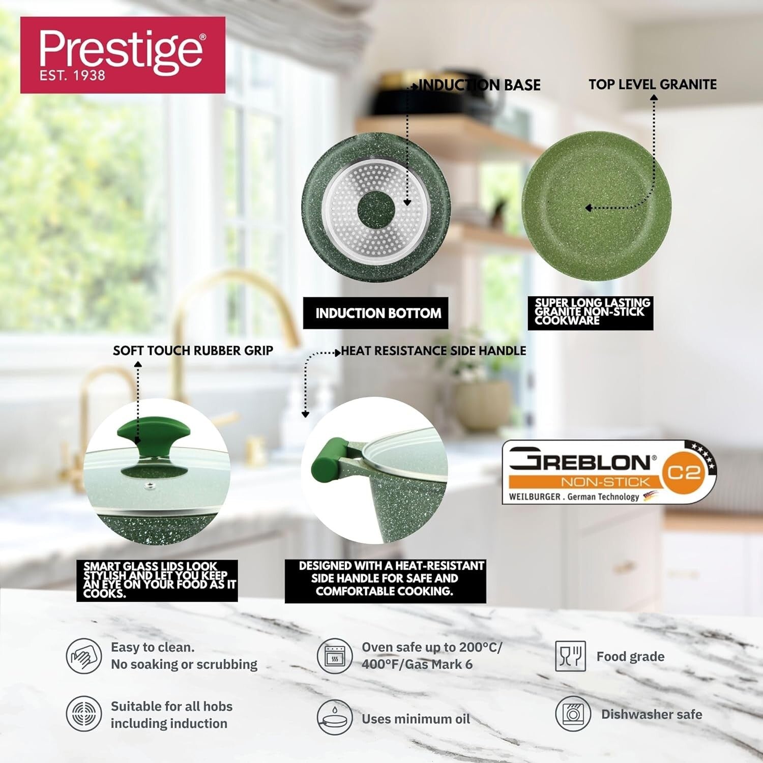 Prestige Essentials 9pcs Pots and Pans Set | Nonstick Cookware Sets | Granite Pots Set | Kitchen Induction Pots and Pans Cooking Sets | Pan Sets for Cooking | Green - PR80990