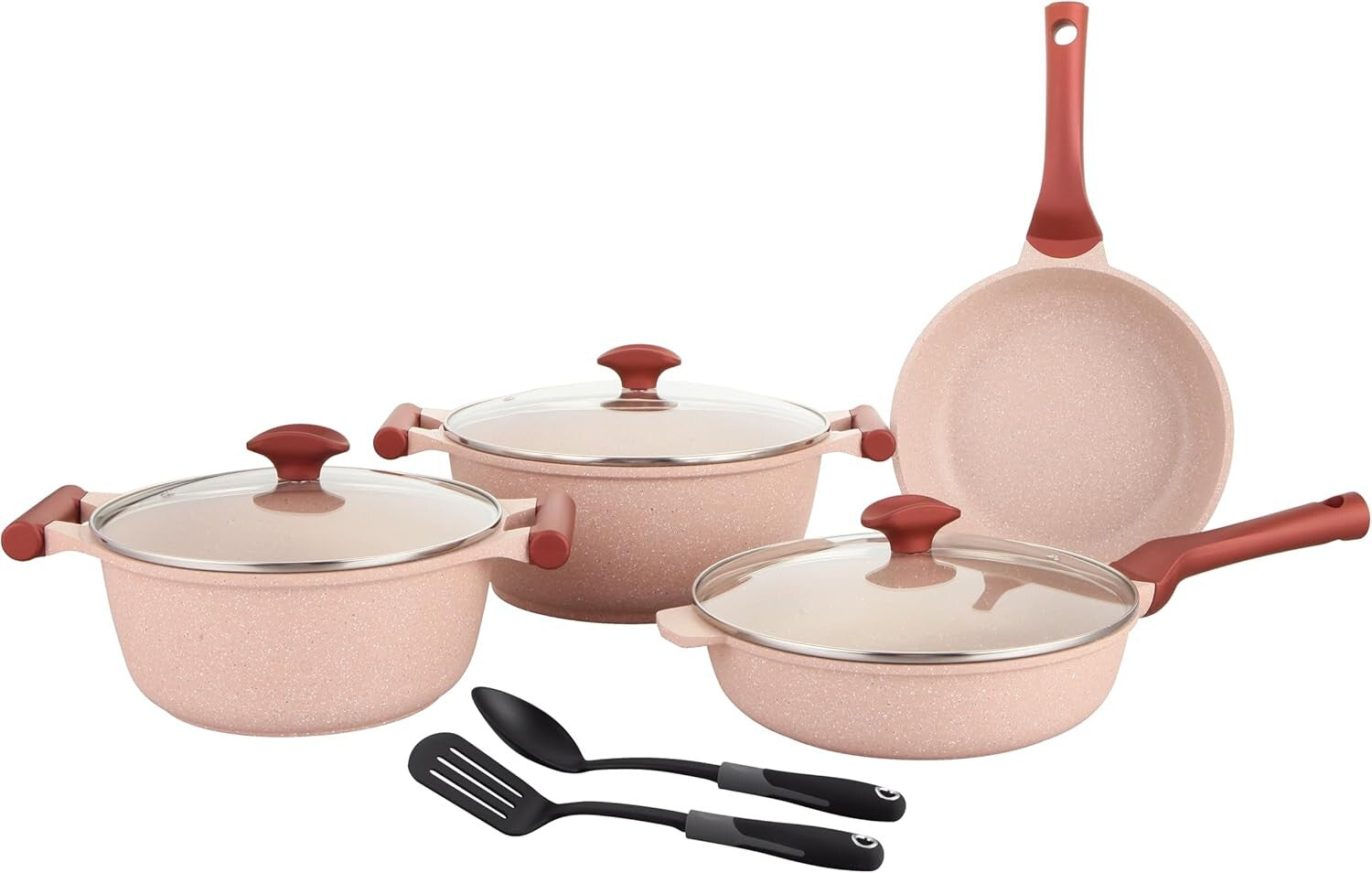 Prestige Essentials 9pcs Pots and Pans Set | Nonstick Cookware Sets | Granite Pots Set | Kitchen Induction Pots and Pans Cooking Sets | Pan Sets for Cooking | Pink - PR80991