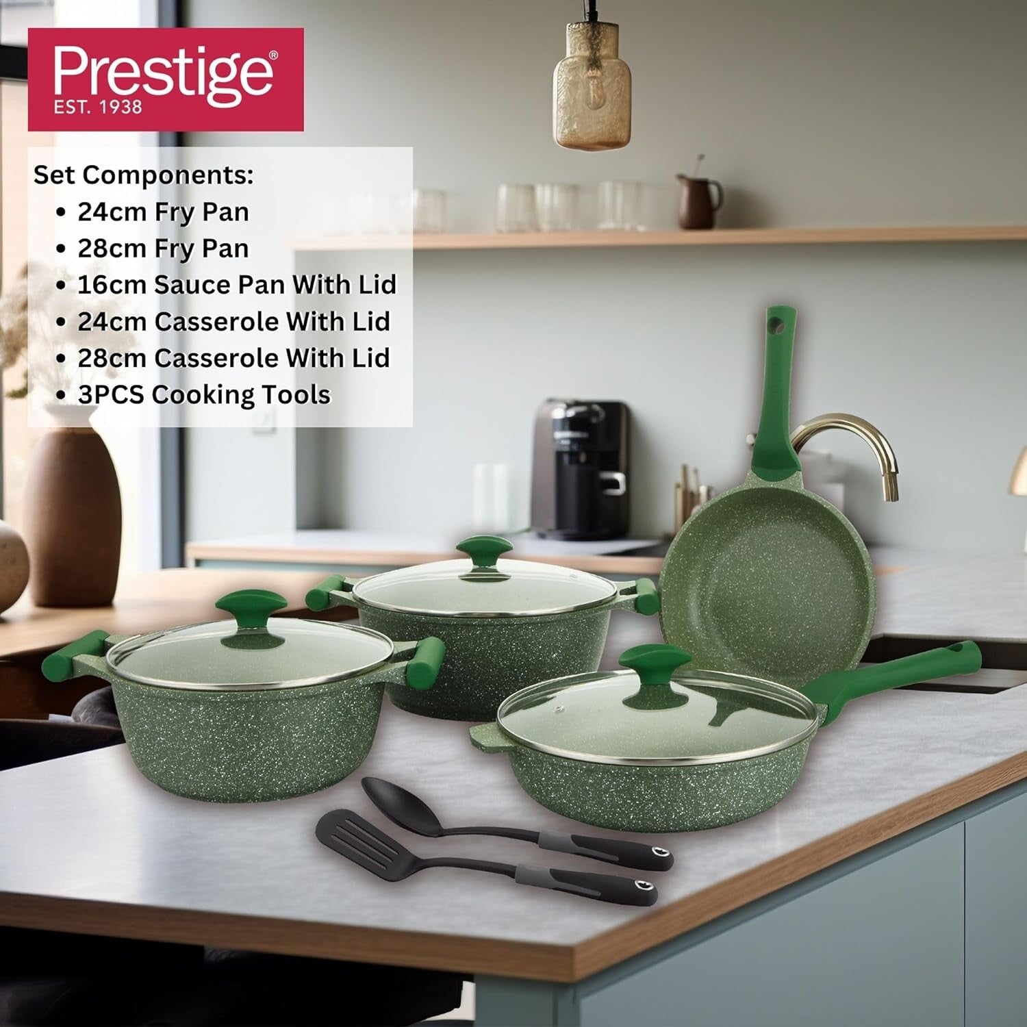 Prestige Essentials 9pcs Pots and Pans Set | Nonstick Cookware Sets | Granite Pots Set | Kitchen Induction Pots and Pans Cooking Sets | Pan Sets for Cooking | Green - PR80990