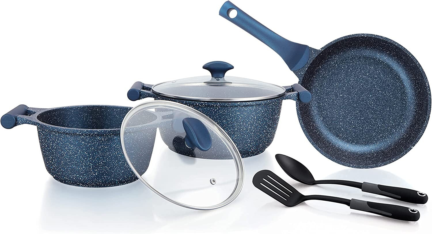 Prestige Essentials Granite 7 Piece Non-Stick Cast Aluminium Cookware Sets | Induction Compatible Pots and Pans Set | Dark Blue - PR80959