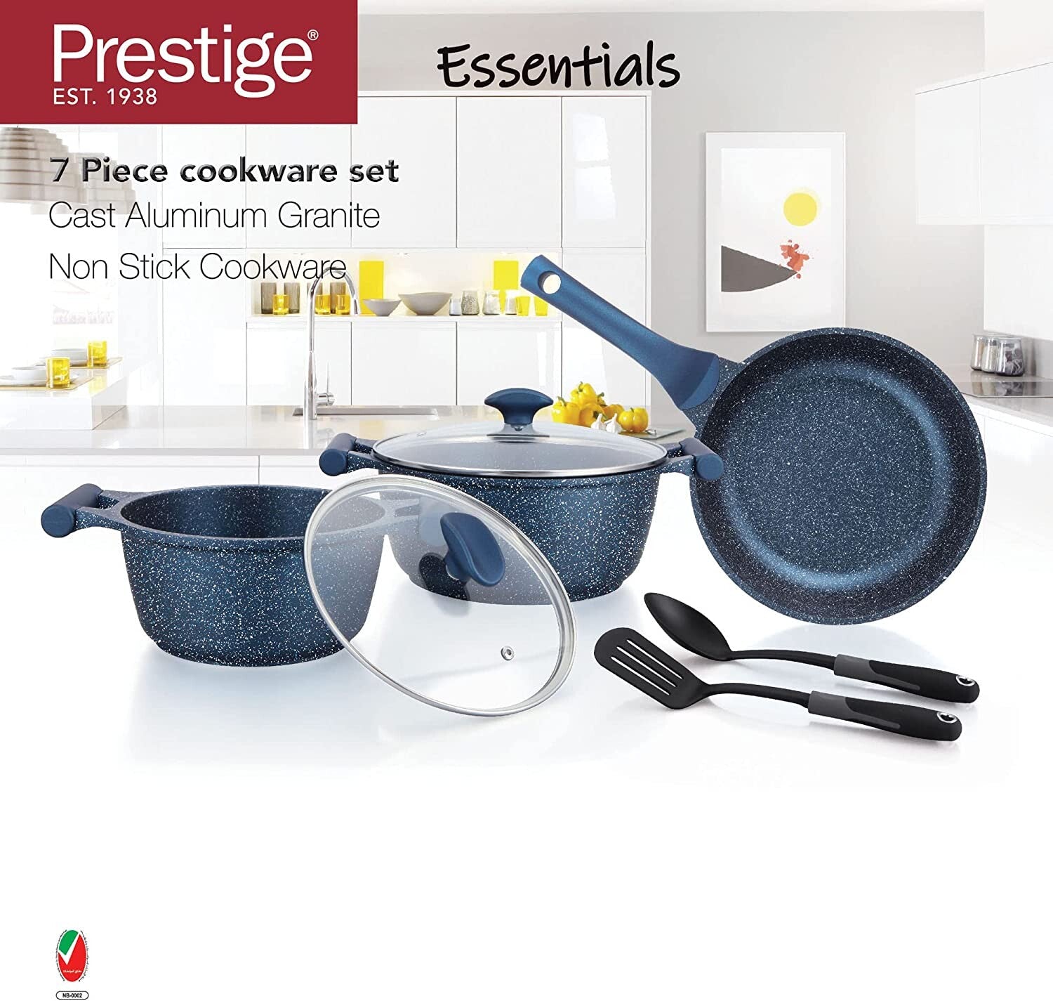 Prestige Essentials Granite 7 Piece Non-Stick Cast Aluminium Cookware Sets | Induction Compatible Pots and Pans Set | Dark Blue - PR80959