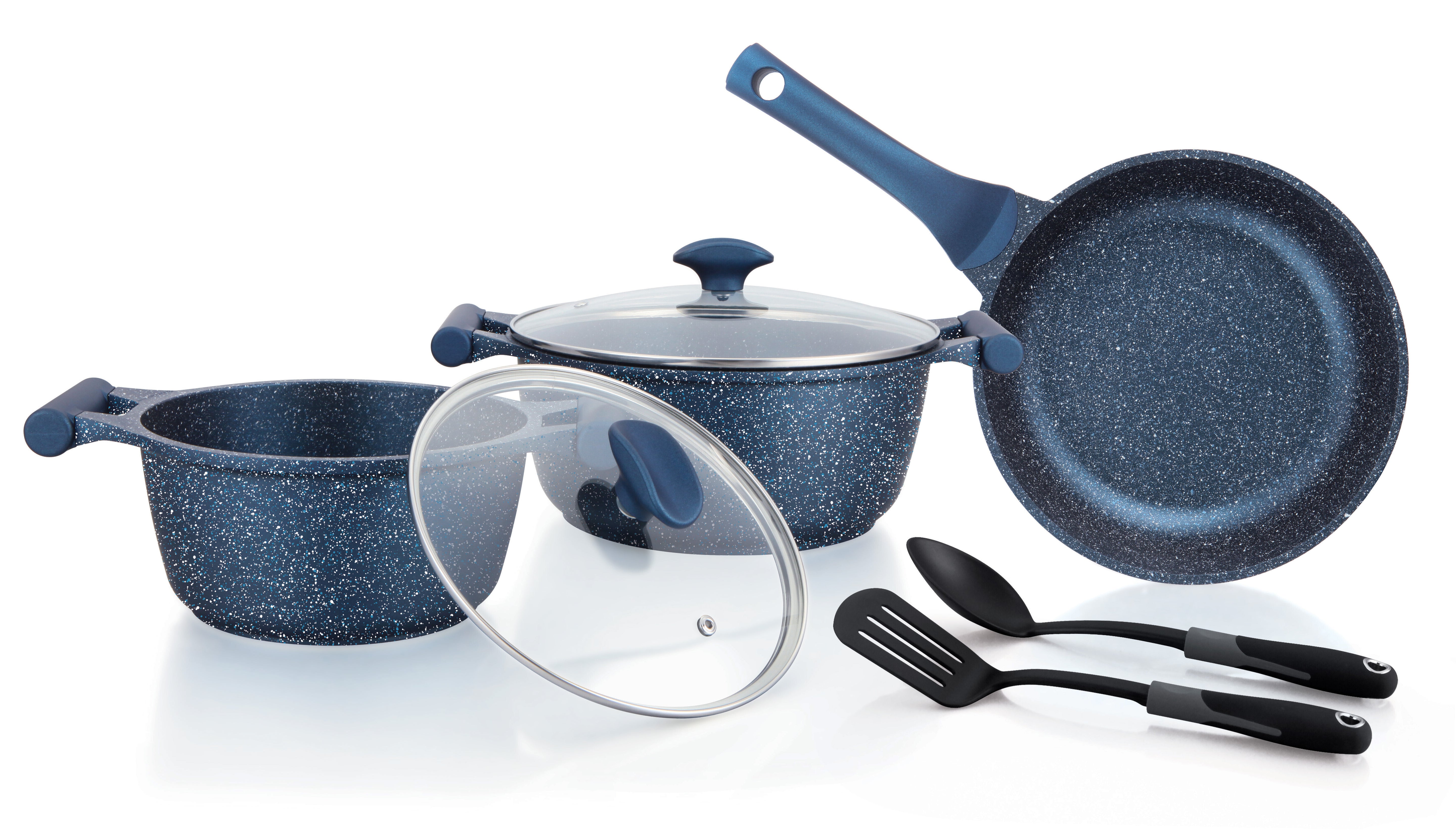 Prestige Essentials Granite 7 Piece Non-Stick Cast Aluminium Cookware Sets | Induction Compatible Pots and Pans Set | Dark Blue - PR80959