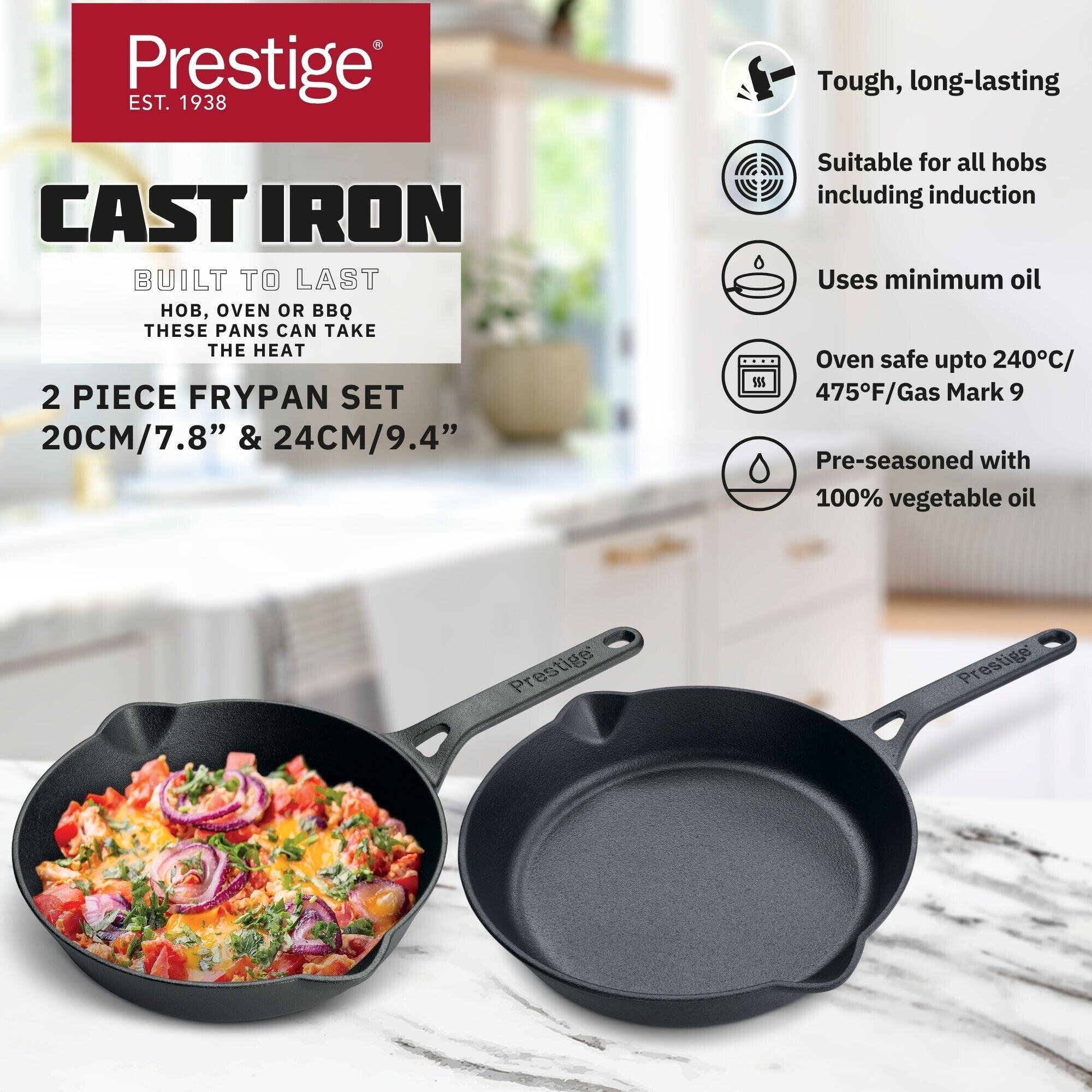 Prestige Pre-Seasoned Pre-Seasoned Cast Iron Cookware Set - 20Cm & 24Cm Frypan | Black - PR49082