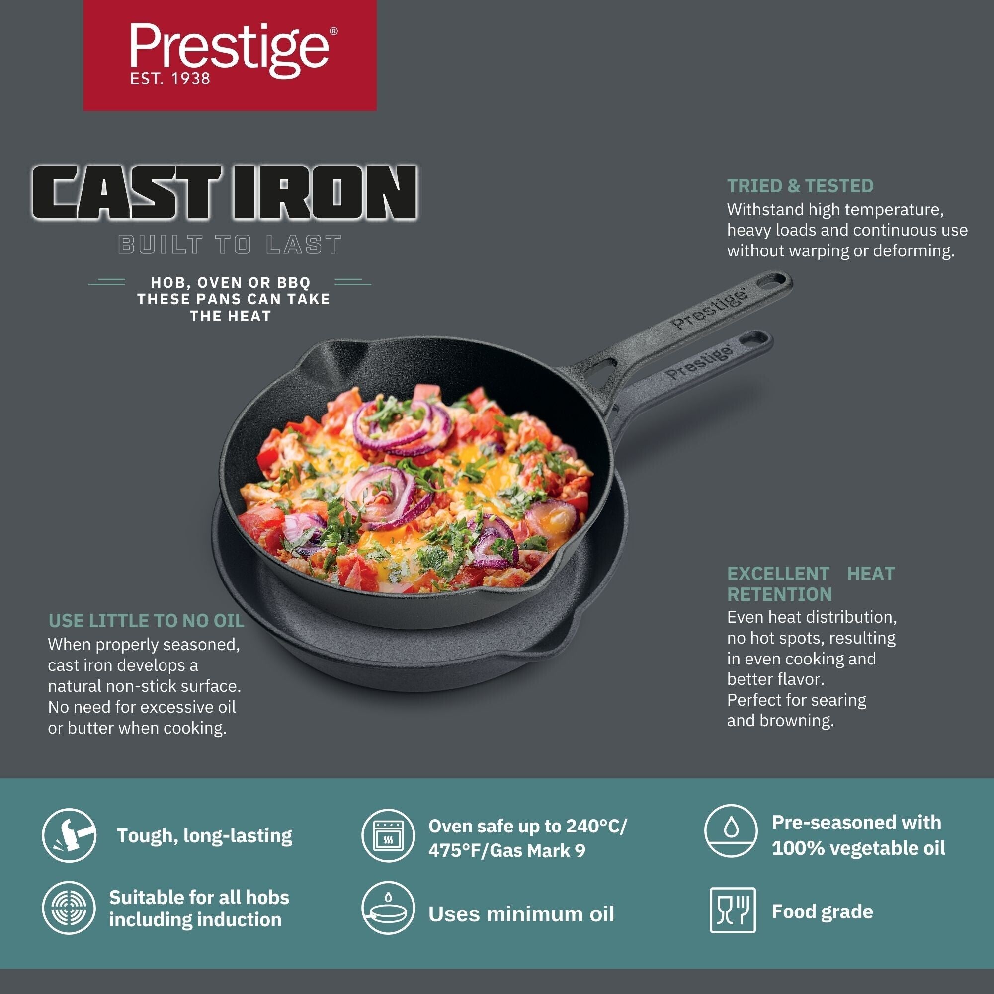 Prestige Pre-Seasoned Pre-Seasoned Cast Iron Cookware Set - 20Cm & 24Cm Frypan | Black - PR49082
