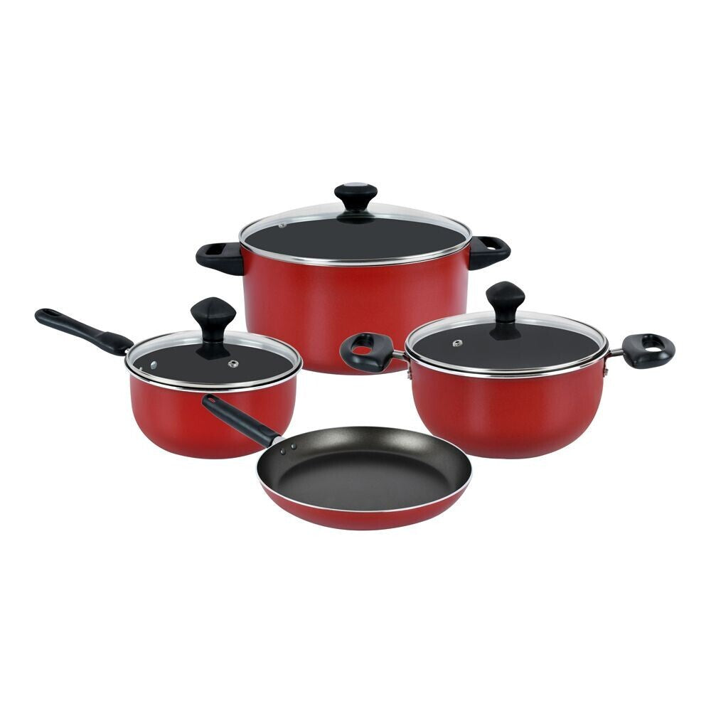 Prestige Value Pack Non-Stick Cookware sets 7Pcs | Non Stick Aluminium Pots and Pans Cooking Set | Soup Pots Set | Frying Pan Set | PR21568 - Red
