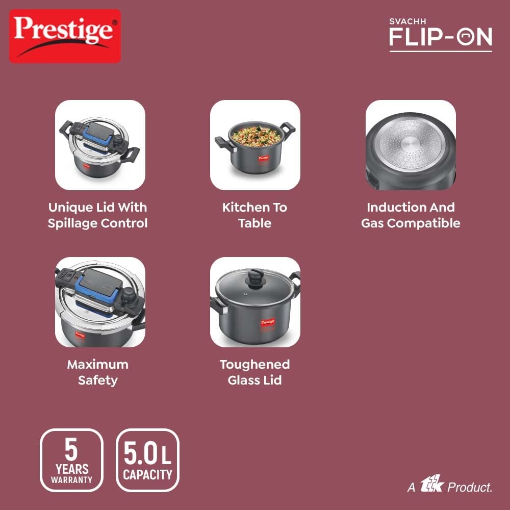 Prestige Svachh Flip-on Hard Anodised Spillage Control Outer Lid Pressure Cooker with Glass Lid, 5 Litre (Black) | MPF20161