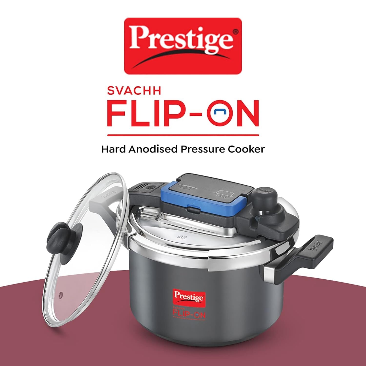 Prestige Svachh Flip-on Hard Anodised Spillage Control Outer Lid Pressure Cooker with Glass Lid, 5 Litre (Black) | MPF20161