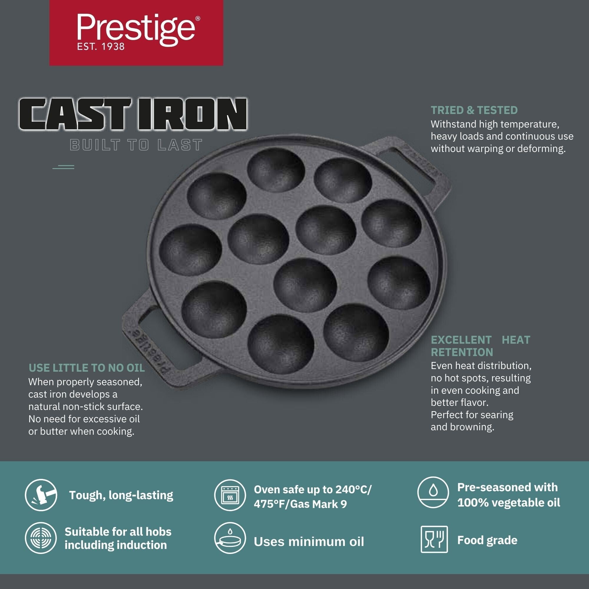 Prestige Cast Iron Pre-Seasoned Duel Handle Appam Pan 26 CM | PR48908