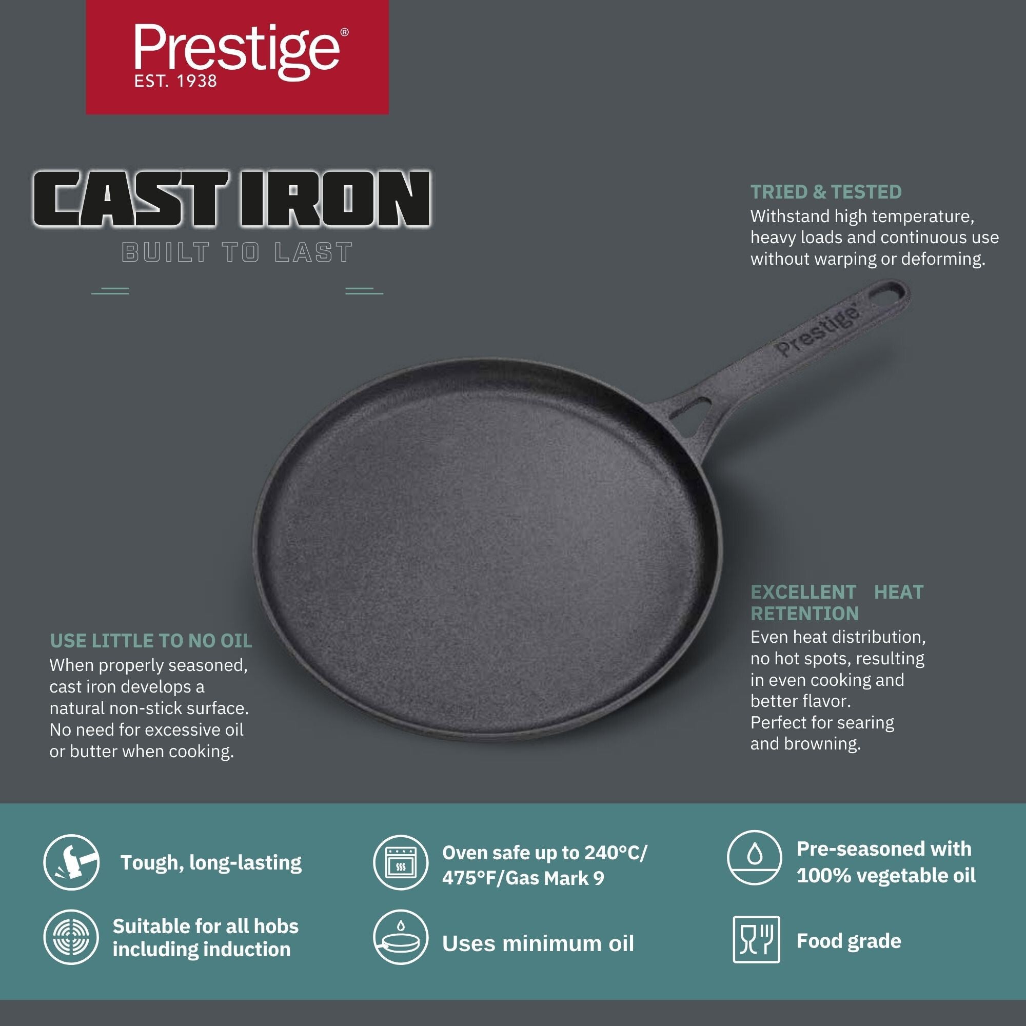 Prestige Cast Iron Pre-Seasoned Flat Tawa 24 cm | PR48891 Black