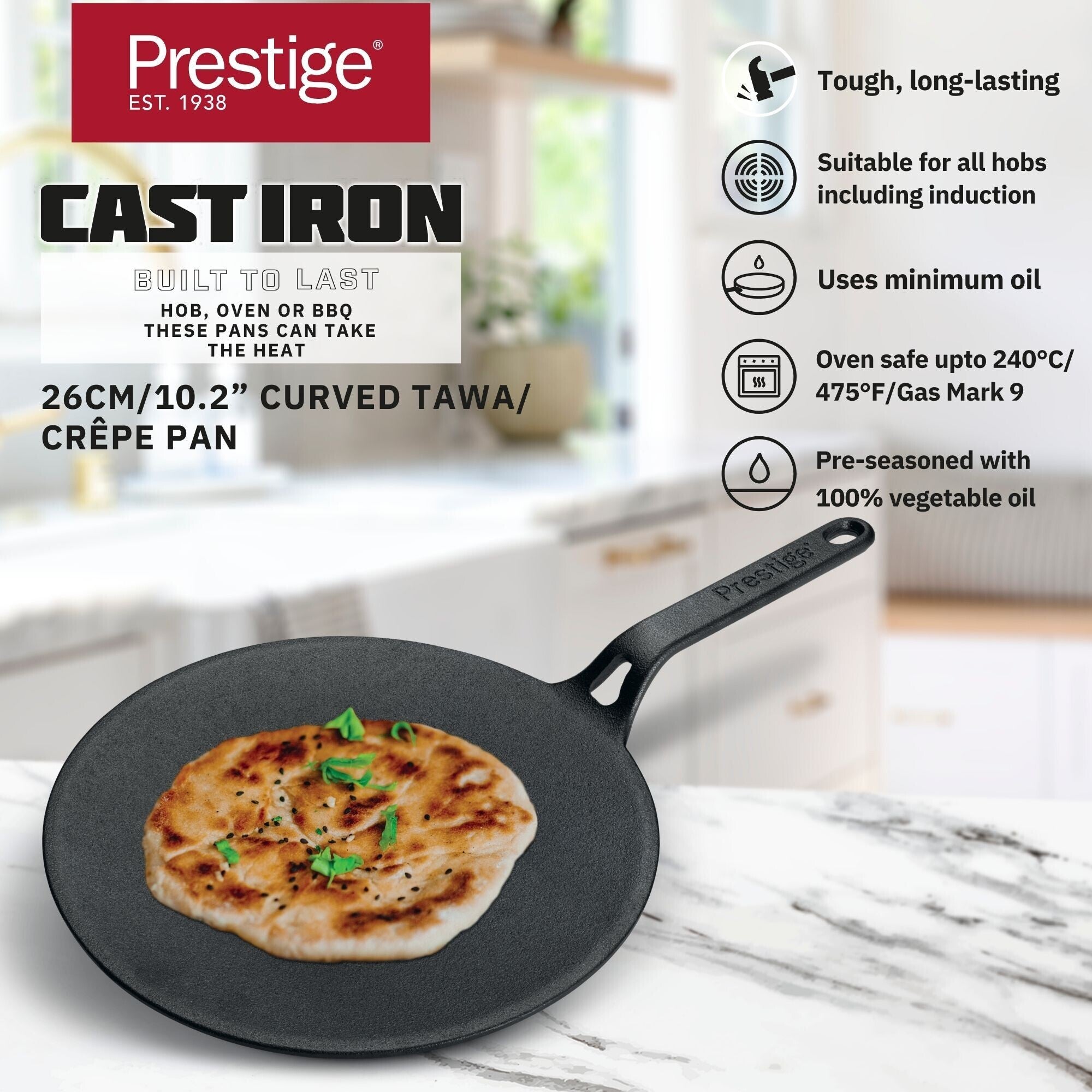 Prestige Cast Iron Pre-Seasoned Curved Tawa 28 cm | PR48884