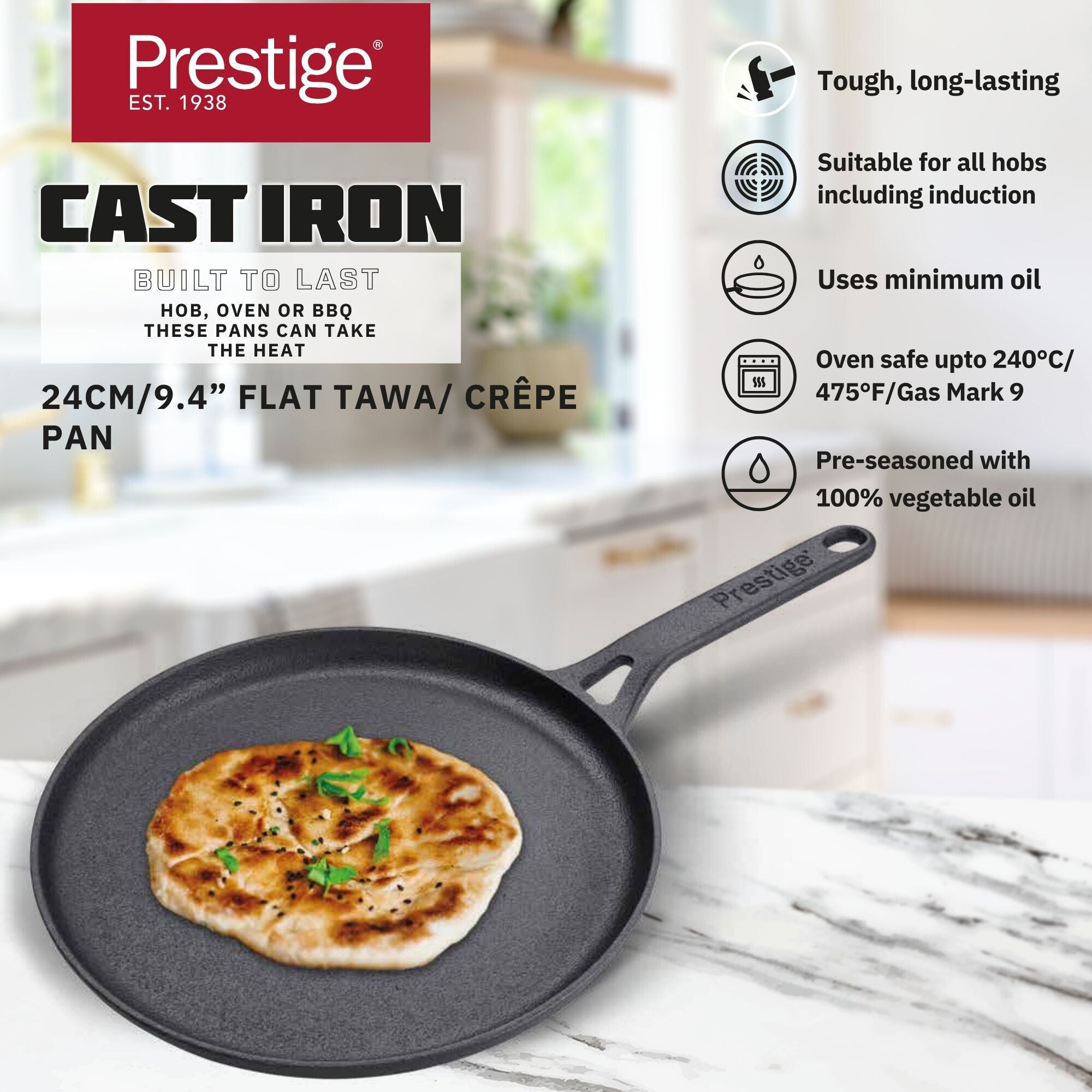 Prestige Cast Iron Pre-Seasoned Flat Tawa 24 cm | PR48891 Black