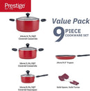 Prestige Value Pack Non-Stick Cookware sets 9Pcs | Non Stick Aluminium Pots and Pans Cooking Set | Soup Pots Set | Frying Pan Set | PR22430 - Red