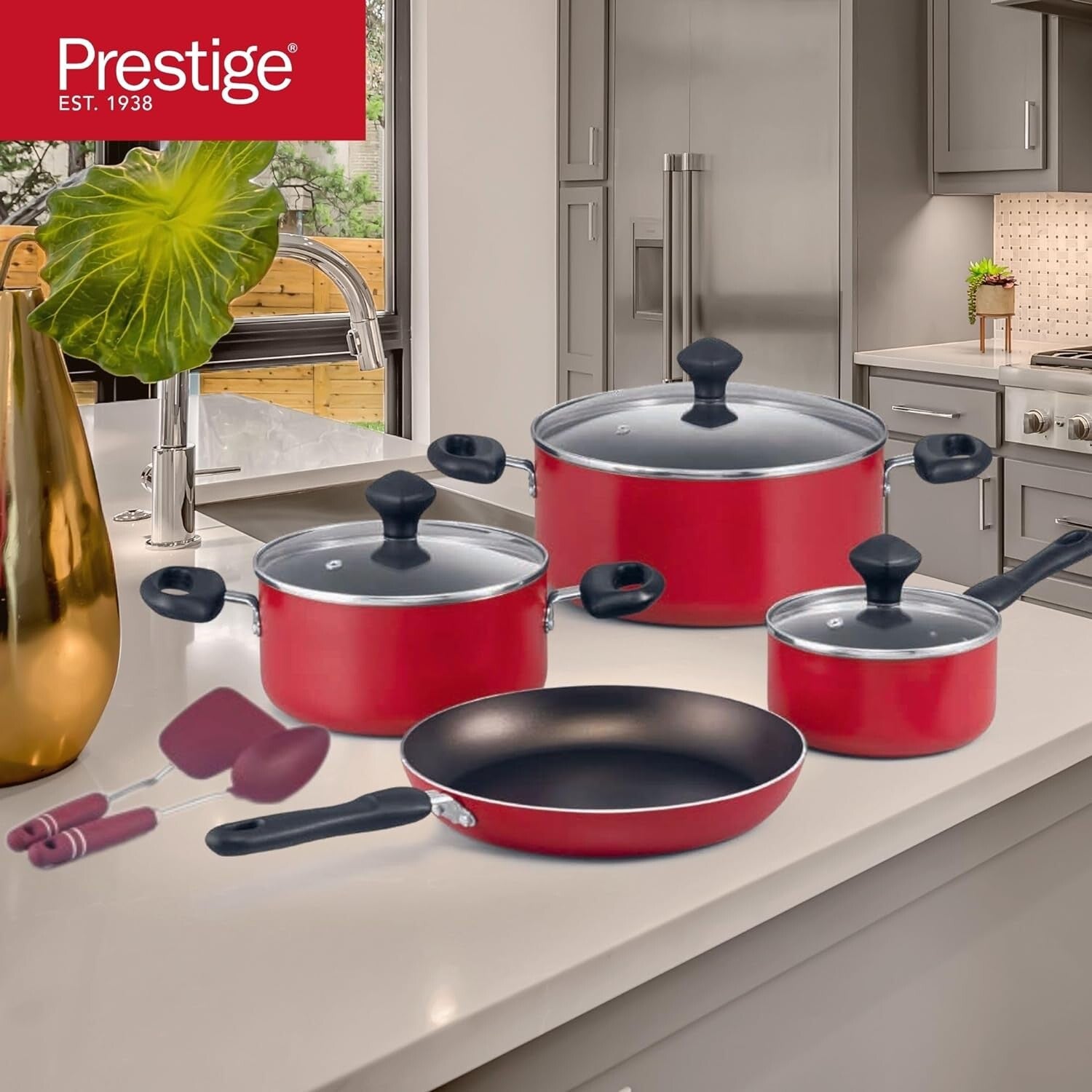 Prestige Value Pack Non-Stick Cookware sets 9Pcs | Non Stick Aluminium Pots and Pans Cooking Set | Soup Pots Set | Frying Pan Set | PR22430 - Red