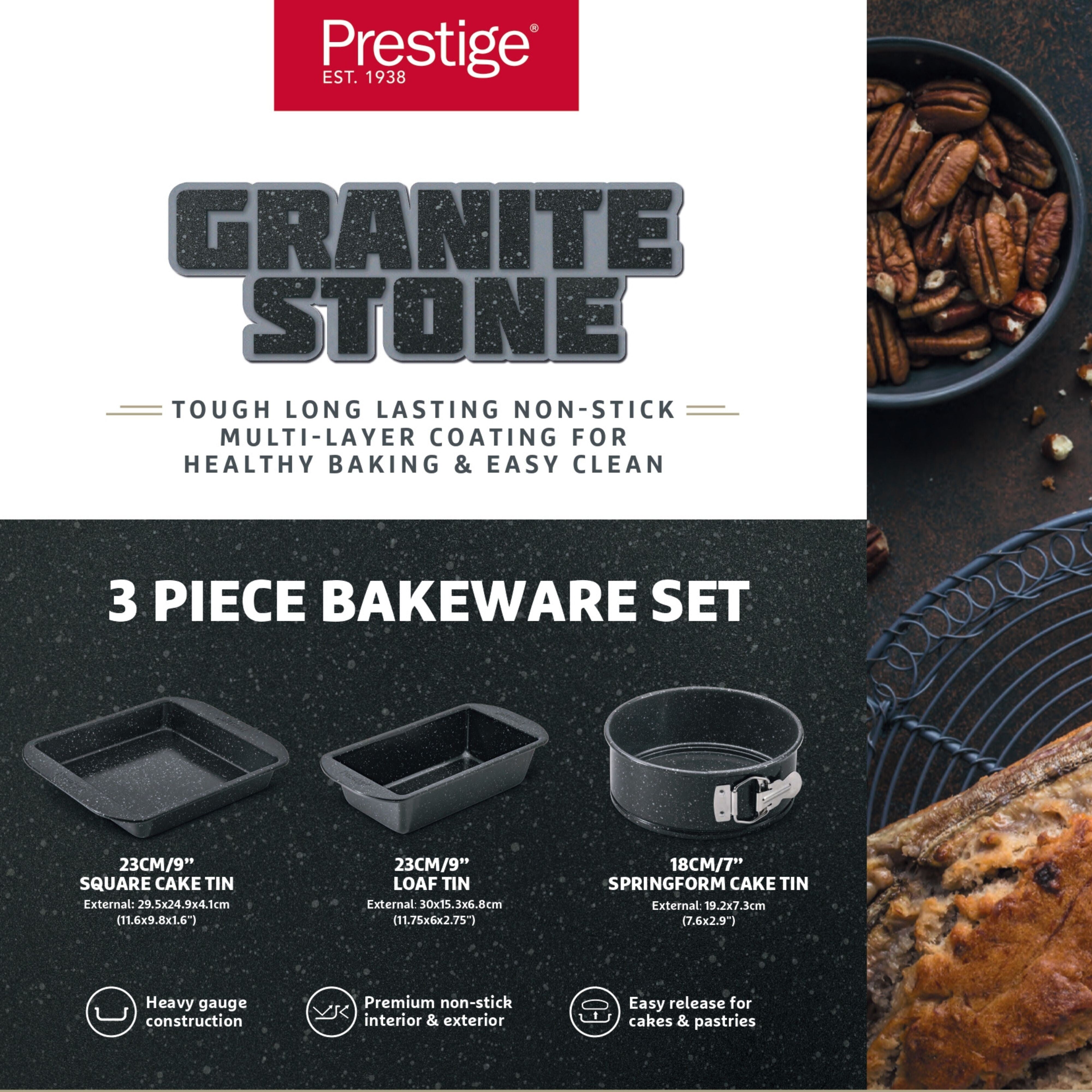 Prestige Granite 3Pcs Bakeware Set (23Cm Sq Cake Tin & 23Cm Loaf Tin / 18Cm Springform Cake Tin) | PR49078