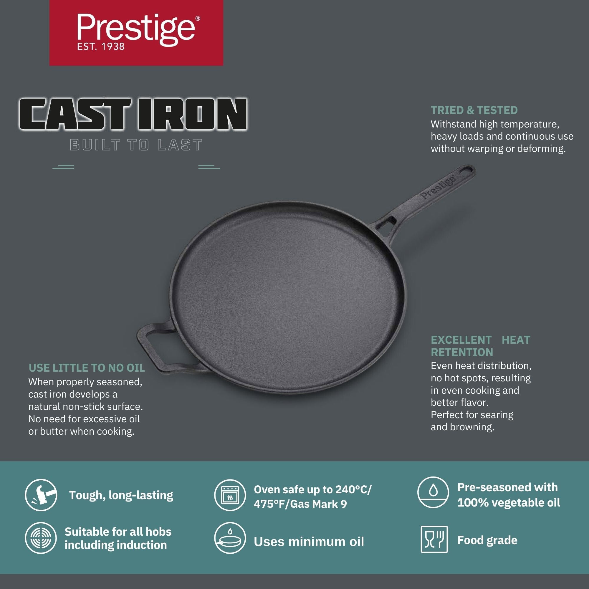 Prestige Cast Iron Pre-Seasoned Flat Tawa 28 cm | PR48885