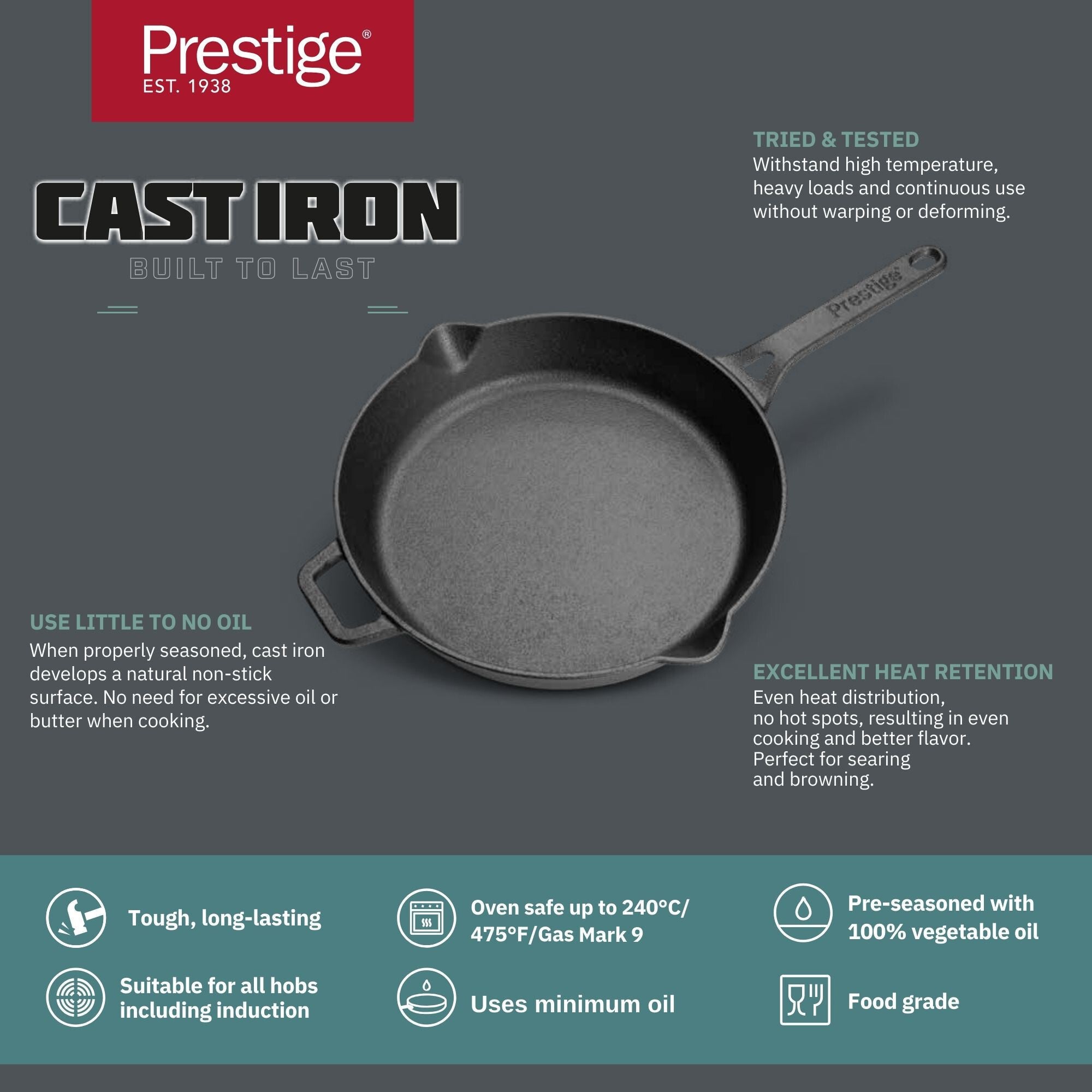 Prestige Cast Iron Pre-Seasoned Fry Pan 22 cm | PR48902