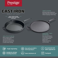 Prestige Pre-Seasoned Pre-Seasoned Cast Iron Cookware Set - 28cm Flat Dosa Tawa + 26cm Fry Pan | Black - PR49081