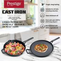 Prestige Pre-Seasoned Pre-Seasoned Cast Iron Cookware Set - 28cm Flat Dosa Tawa + 26cm Fry Pan | Black - PR49081