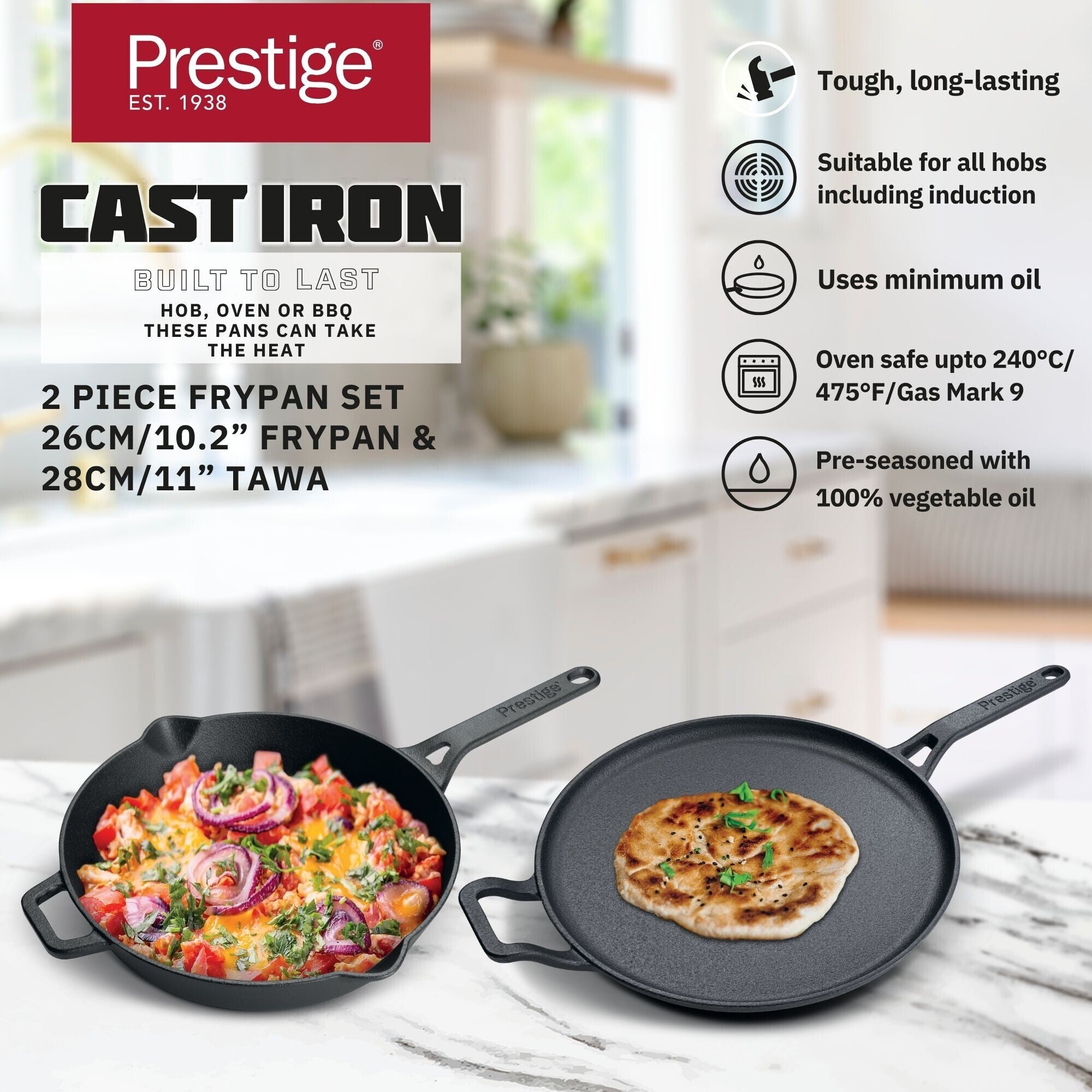 Prestige Pre-Seasoned Pre-Seasoned Cast Iron Cookware Set - 28cm Flat Dosa Tawa + 26cm Fry Pan | Black - PR49081