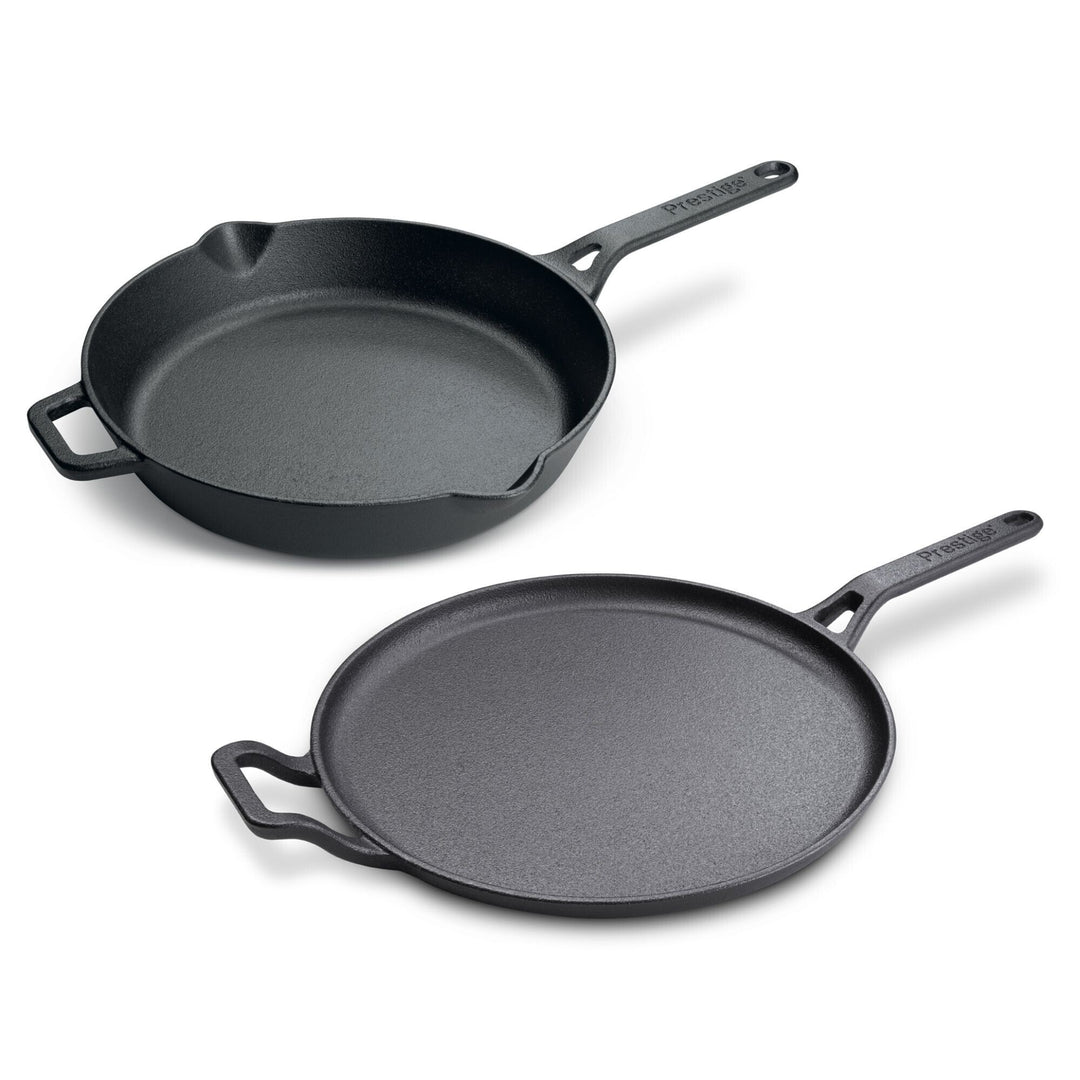 Prestige Pre-Seasoned Pre-Seasoned Cast Iron Cookware Set - 28cm Flat Dosa Tawa + 26cm Fry Pan | Black - PR49081