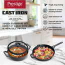 Prestige Pre-Seasoned Cast Iron Cookware Set - 24Cm Kadai W/L & 26Cm Frypan | Black - PR49083