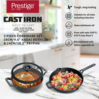 Prestige Pre-Seasoned Cast Iron Cookware Set - 24Cm Kadai W/L & 26Cm Frypan | Black - PR49083