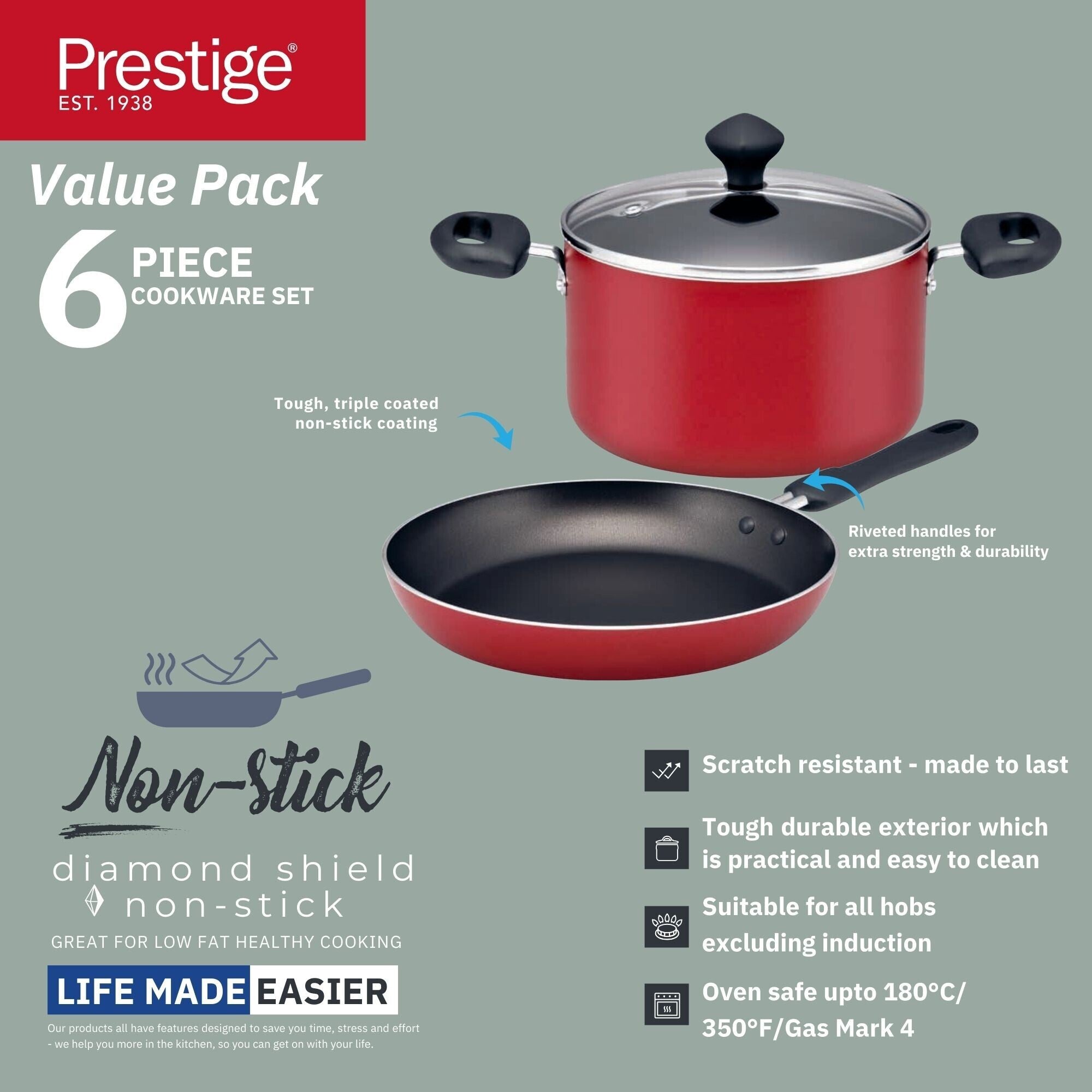 Prestige Value Pack Non-Stick Cookware sets 6Pcs | Non Stick Aluminium Pots and Pans Cooking Set | Soup Pots Set | Frying Pan Set | PR22453 - Red