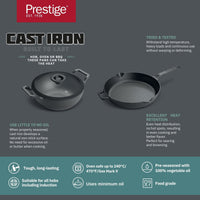 Prestige Pre-Seasoned Cast Iron Cookware Set - 24Cm Kadai W/L & 26Cm Frypan | Black - PR49083