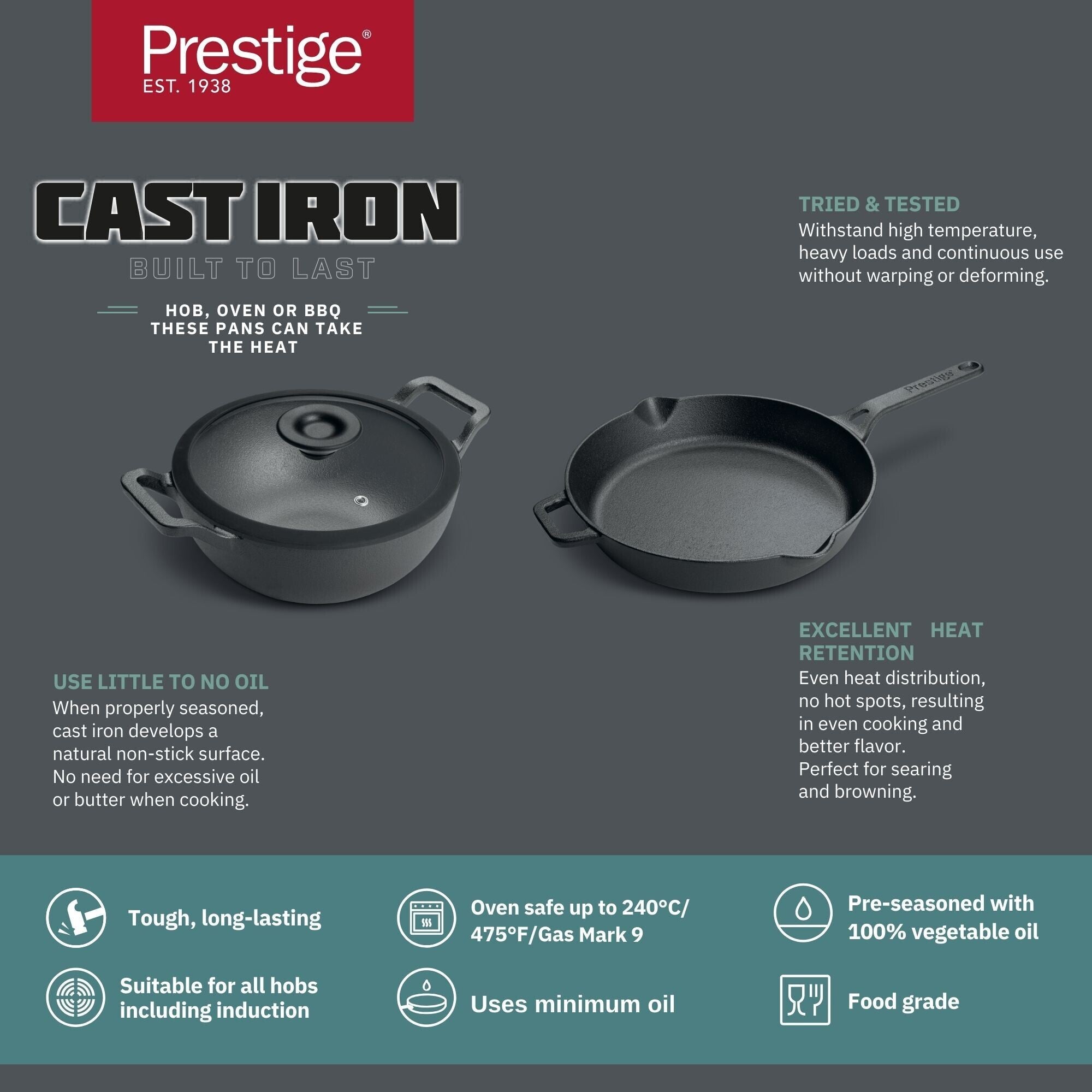 Prestige Pre-Seasoned Cast Iron Cookware Set - 24Cm Kadai W/L & 26Cm Frypan | Black - PR49083