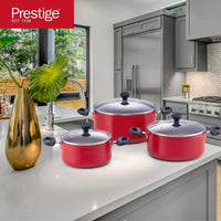 Prestige Value Pack Non-Stick Cookware sets 6Pcs | Non Stick Aluminium Pots and Pans Cooking Set | Soup Pots Set | Frying Pan Set | PR22453 - Red
