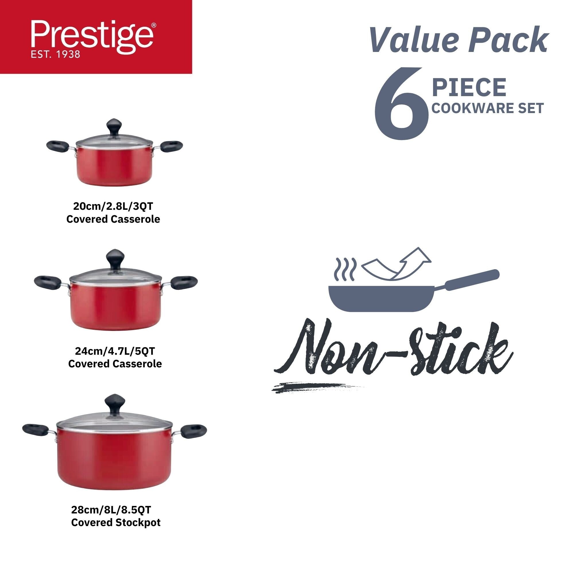 Prestige Value Pack Non-Stick Cookware sets 6Pcs | Non Stick Aluminium Pots and Pans Cooking Set | Soup Pots Set | Frying Pan Set | PR22453 - Red