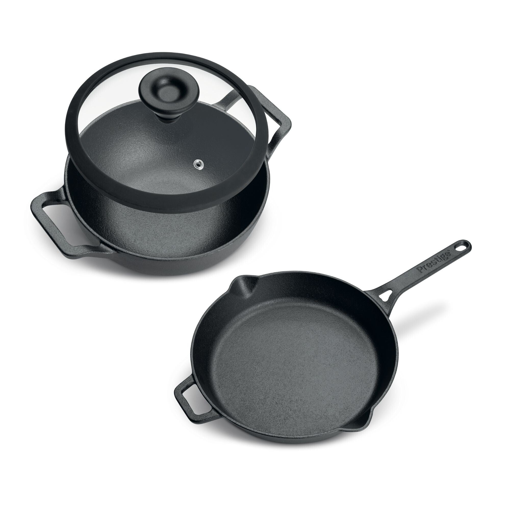 Prestige Pre-Seasoned Cast Iron Cookware Set - 24Cm Kadai W/L & 26Cm Frypan | Black - PR49083