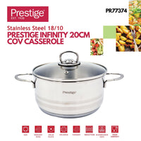 Prestige Infinity Stainless Steel Casserole with Glass Lid 20cm / 3 Ltr | Induction Compatible Covered Stockpot | Soup Pots | Silver - PR77374