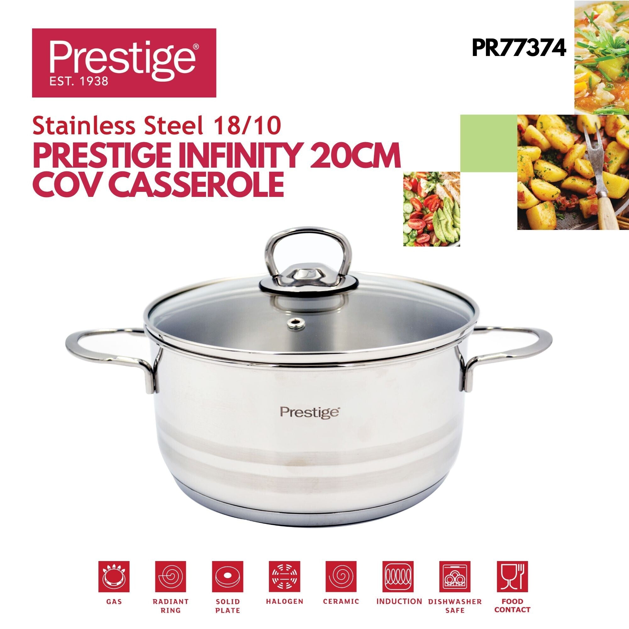 Prestige Infinity Stainless Steel Casserole with Glass Lid 20cm / 3 Ltr | Induction Compatible Covered Stockpot | Soup Pots | Silver - PR77374