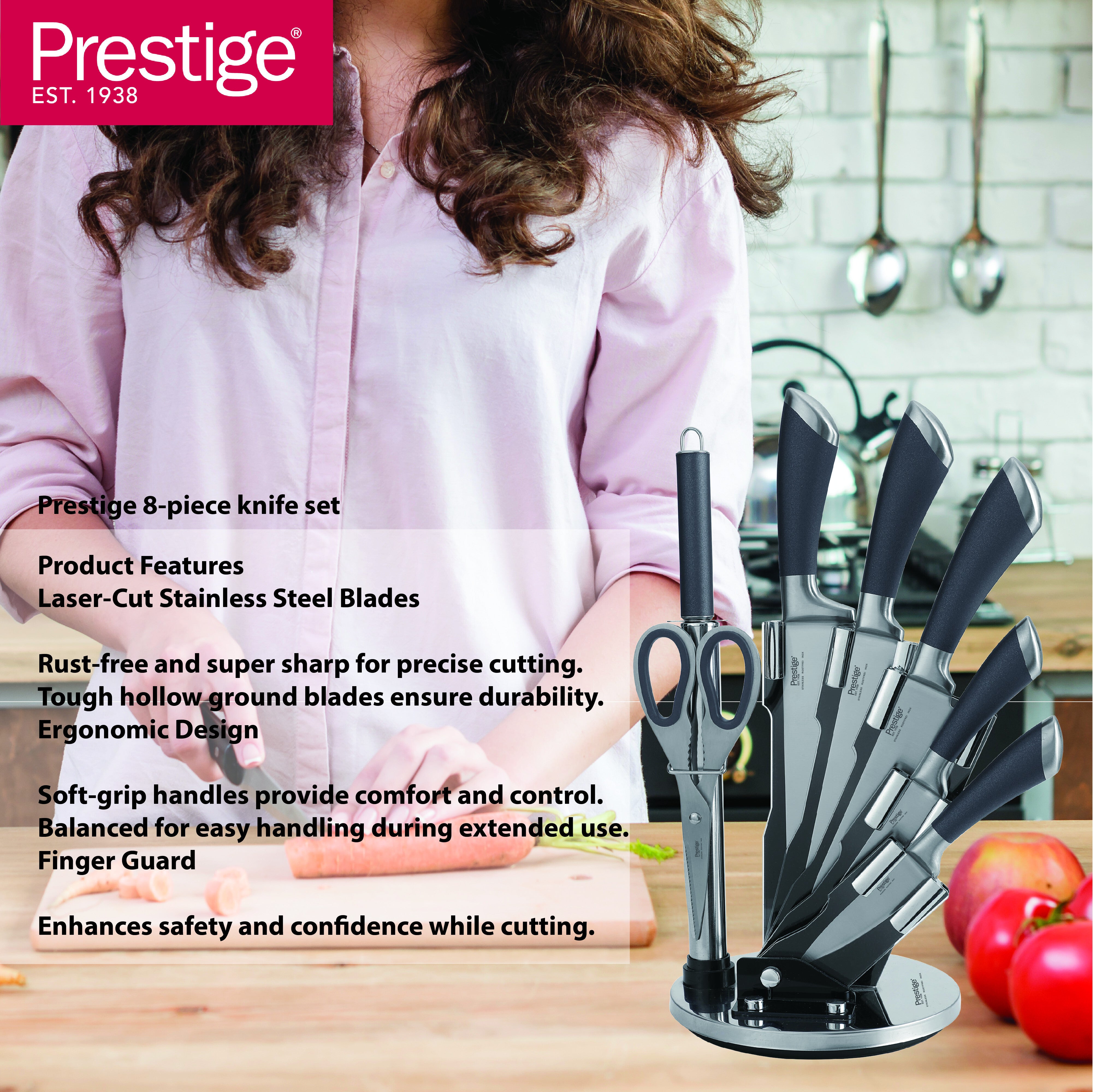 Prestige Kitchen Knife Set with Acrylic Knife Stand | Premium Kitchen Set with Clear Storage Block | Laser-cut Rust-free Stainless Steel Blade | PR57539 - Grey