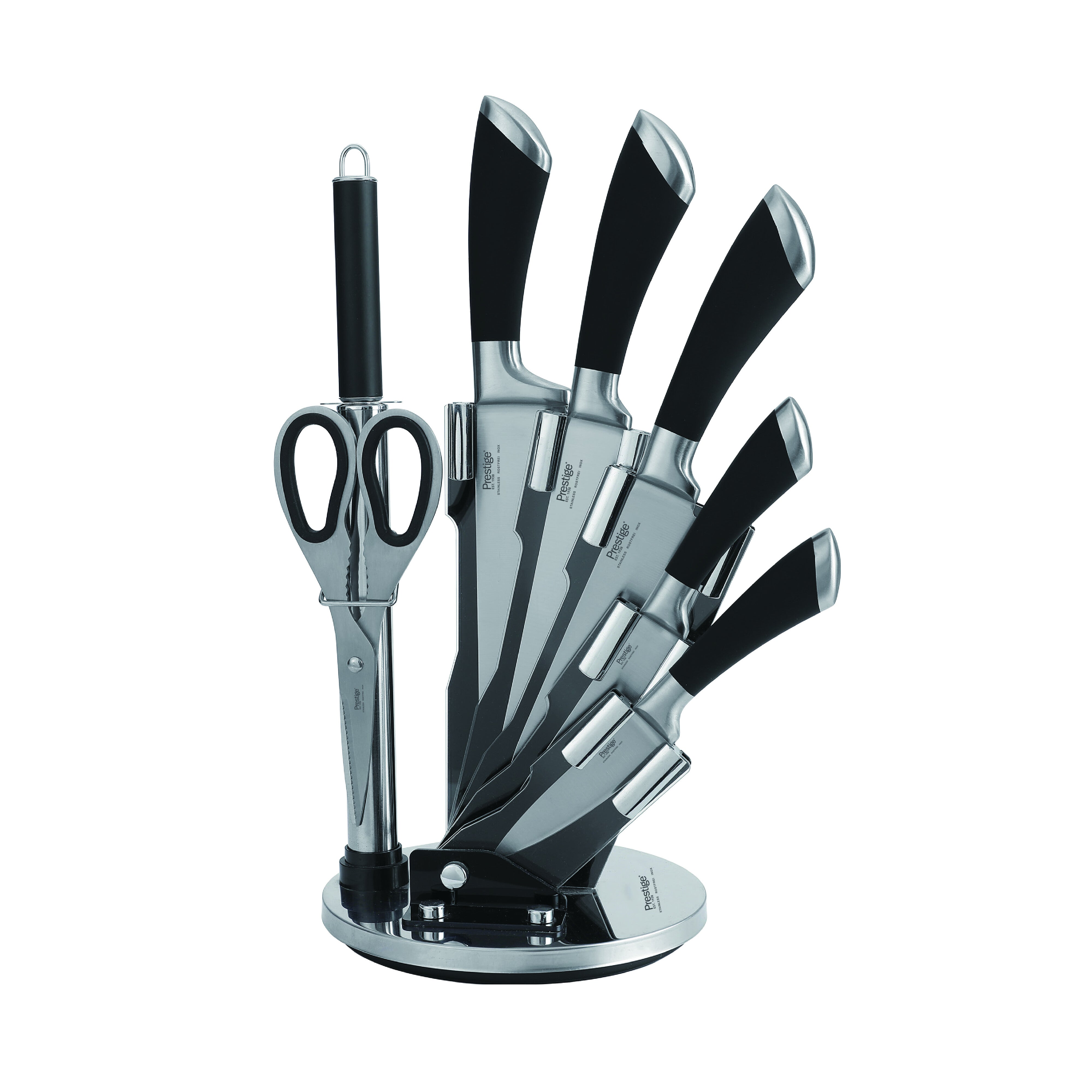 Prestige Kitchen Knife Set with Acrylic Knife Stand | Premium Kitchen Set with Clear Storage Block | Laser-cut Rust-free Stainless Steel Blade | PR57538 - Black