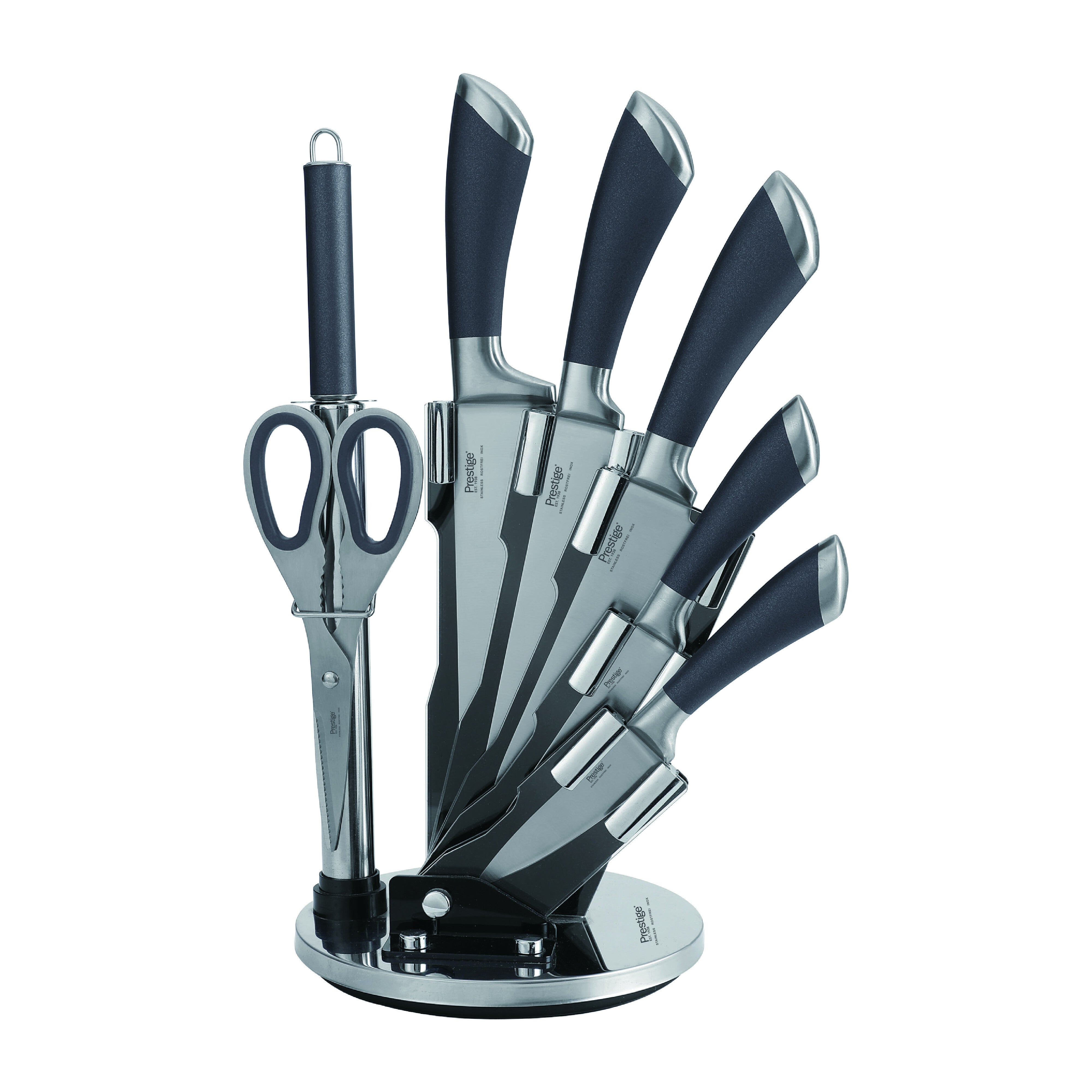 Prestige Kitchen Knife Set with Acrylic Knife Stand | Premium Kitchen Set with Clear Storage Block | Laser-cut Rust-free Stainless Steel Blade | PR57539 - Grey