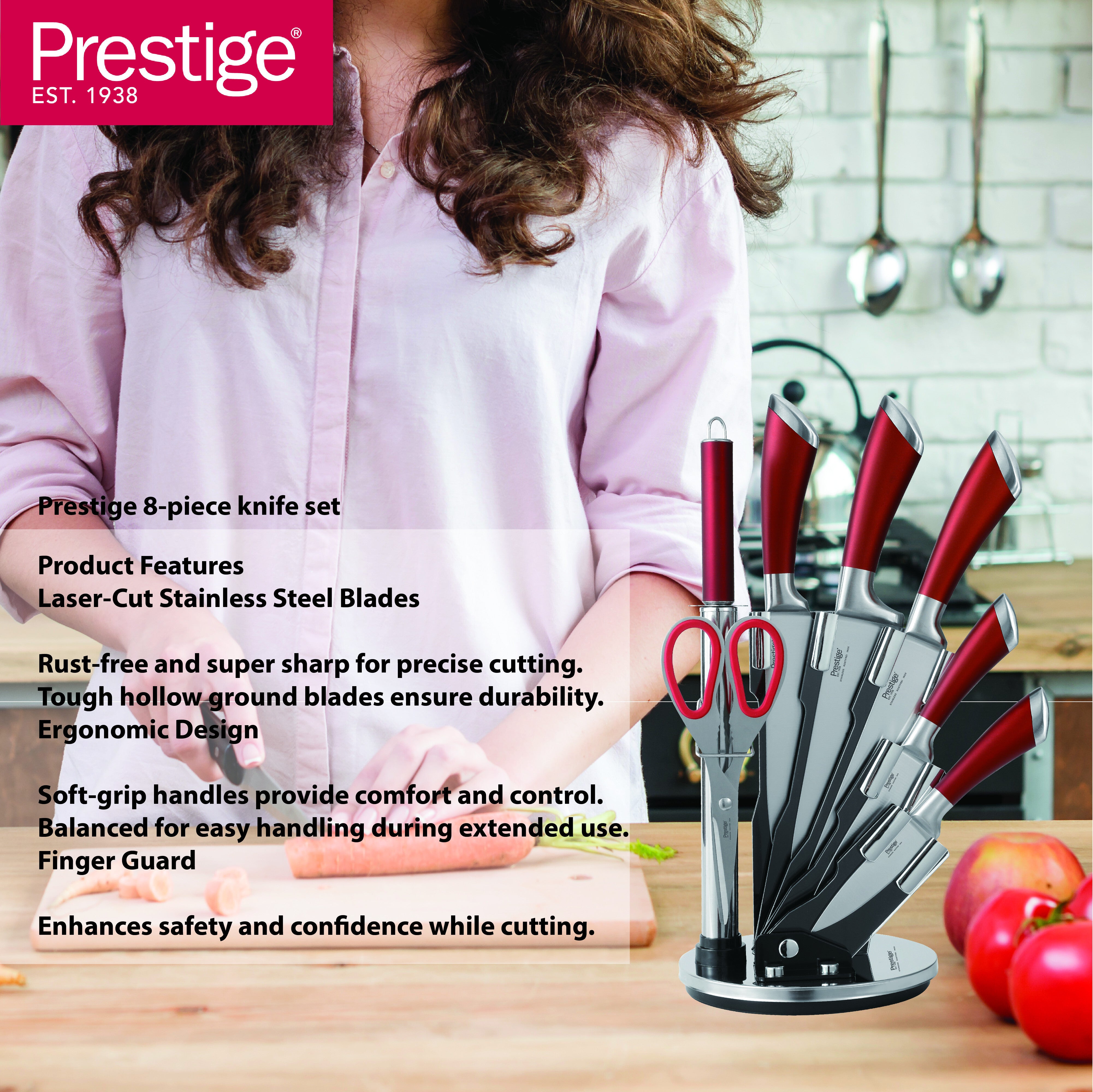 Prestige Kitchen Knife Set with Acrylic Knife Stand | Premium Kitchen Set with Clear Storage Block | Laser-cut Rust-free Stainless Steel Blade | PR57540 - Red