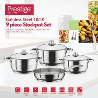 Prestige Infinity Stainless Steel Cookware Set 9Pcs | Induction Compatible Cooking Pots and Pans Set | Cooking Set with Glass lids | Silver - PR7001