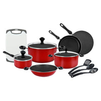 Prestige Classique Non-Stick Cookware Sets 17 Pcs | Aluminium Pots and Pans Set | Cooking Set with Glass lid | Soup Pts Set | Frying Pans Set | PR21822 - Red