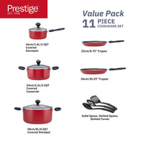 Prestige Classique 11 Piece Nonstick Cookware Set With Glass Lid | Aluminium Cooking Pots and Pans Set | Red - PR21915
