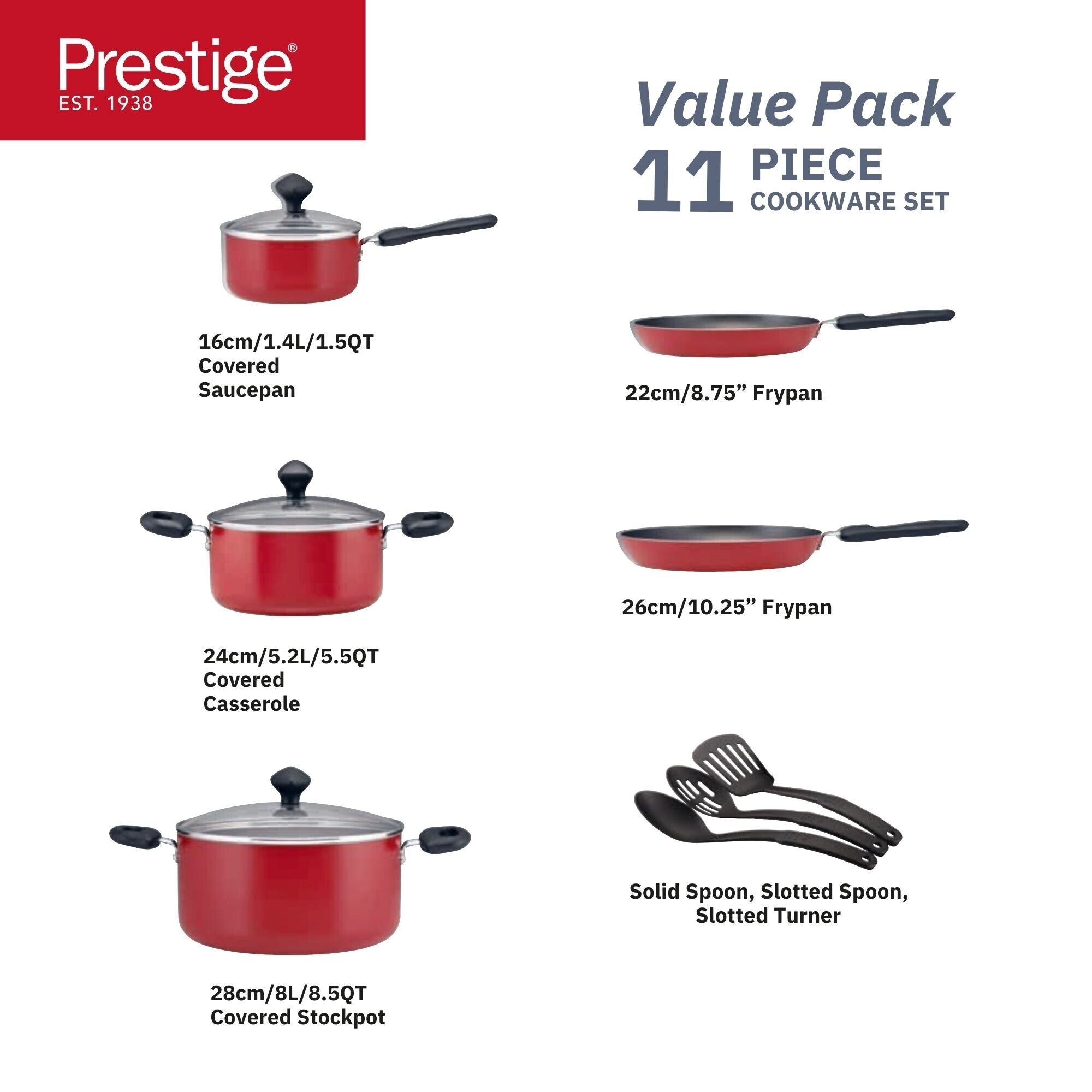 Prestige Classique 11 Piece Nonstick Cookware Set With Glass Lid | Aluminium Cooking Pots and Pans Set | Red - PR21915