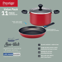 Prestige Classique 11 Piece Nonstick Cookware Set With Glass Lid | Aluminium Cooking Pots and Pans Set | Red - PR21915