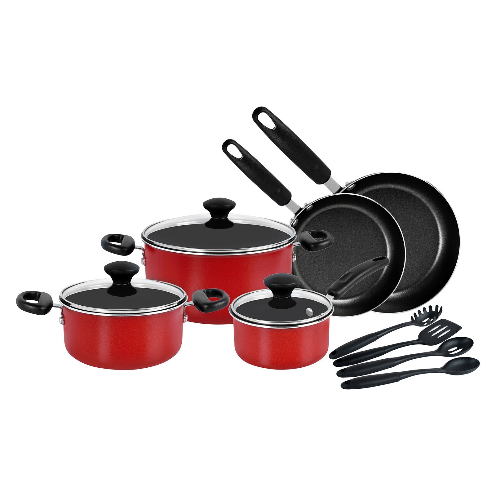 Prestige 12 Piece Non stick cookware Set | Cookware set induction base | Non Stick Cooking Pan Set | Saucepan and Casserole Set with Glass Lid | Color Red