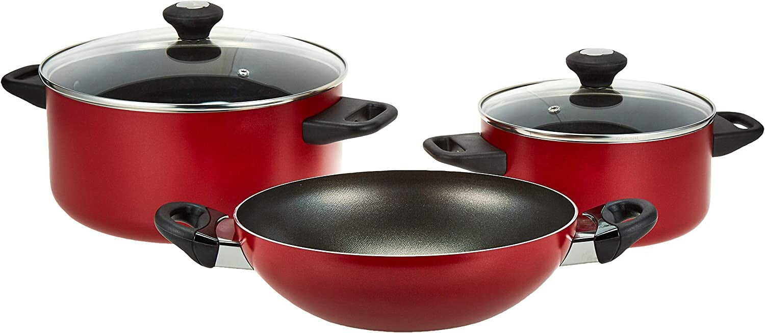 Prestige Classique 16 Piece Non stick cookware Set | Non Stick Cooking Pan Set | 2 Fry Pans, 2 Casseroles, 2 Saucepan, Kadai, 3 Glass Lids, Cutting Board & 5 Spatulas | PR21234